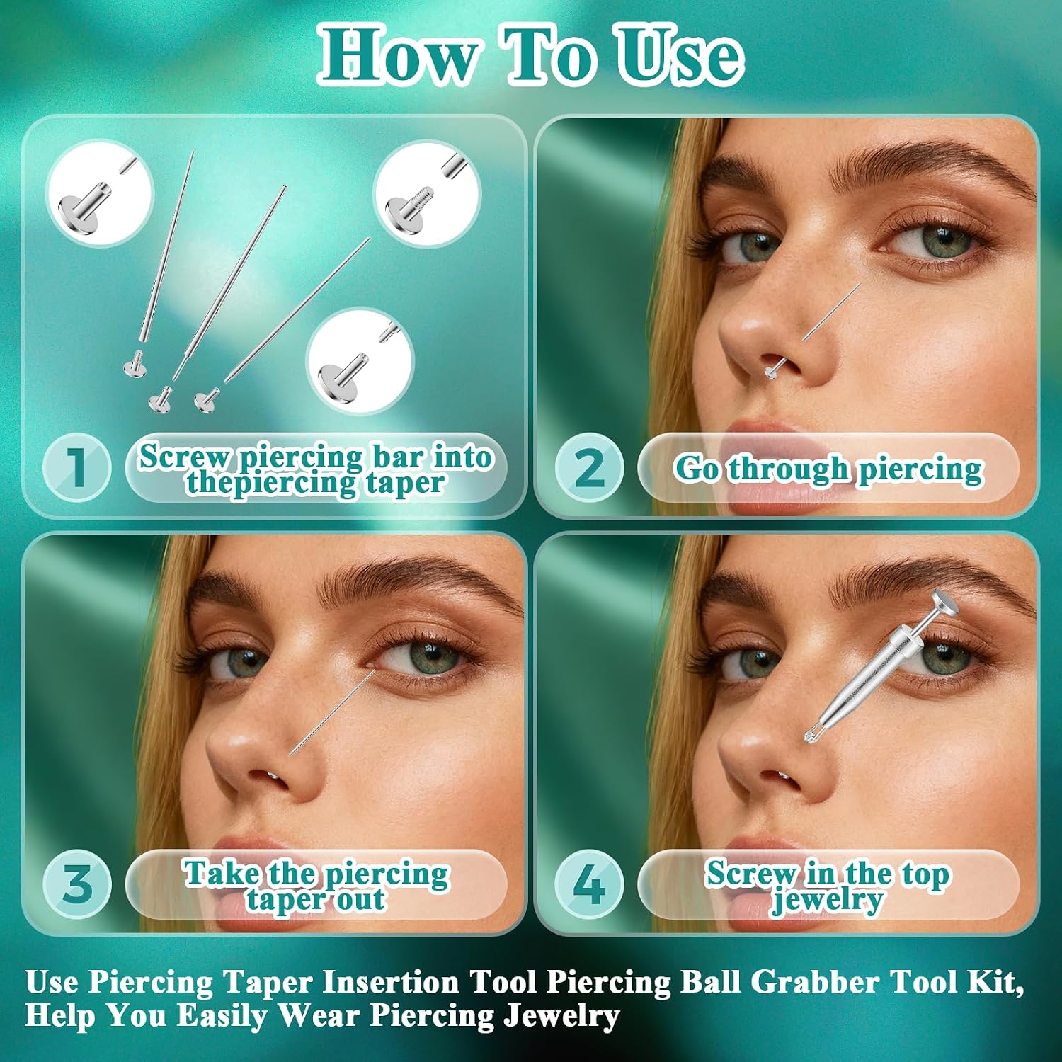 Piercing Taper Ball Grabber Tool for Changing Jewelry - Anti-Slip Piercing Ball Grabber & Insertion Pin Set, 16G 18G 20G Stainless Steel Threadless/Threaded Body Piercing Kit, Hypoallergenic Nickel-Free for Nose Ear Lip Navel