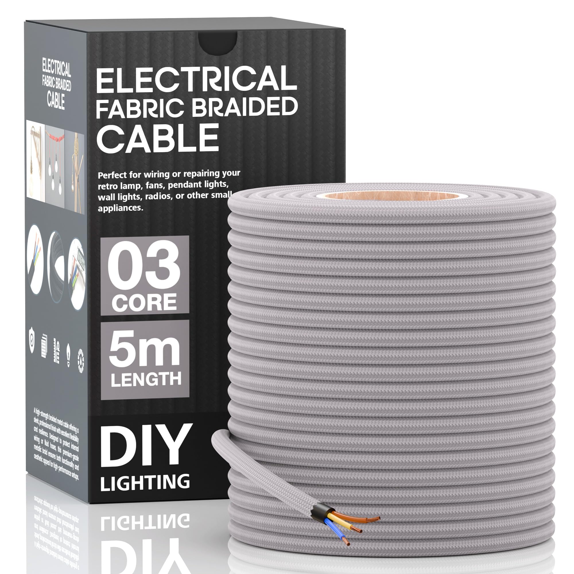 LEDSone 3 Core Round 5 Meter Grey Fabric Braided Flex Lighting Cable, Vintage Electrical Cable Wire Flexible Fabric DIY Electrical Wire for Lamps, Flex Cables for Appliances (Grey) — image 1