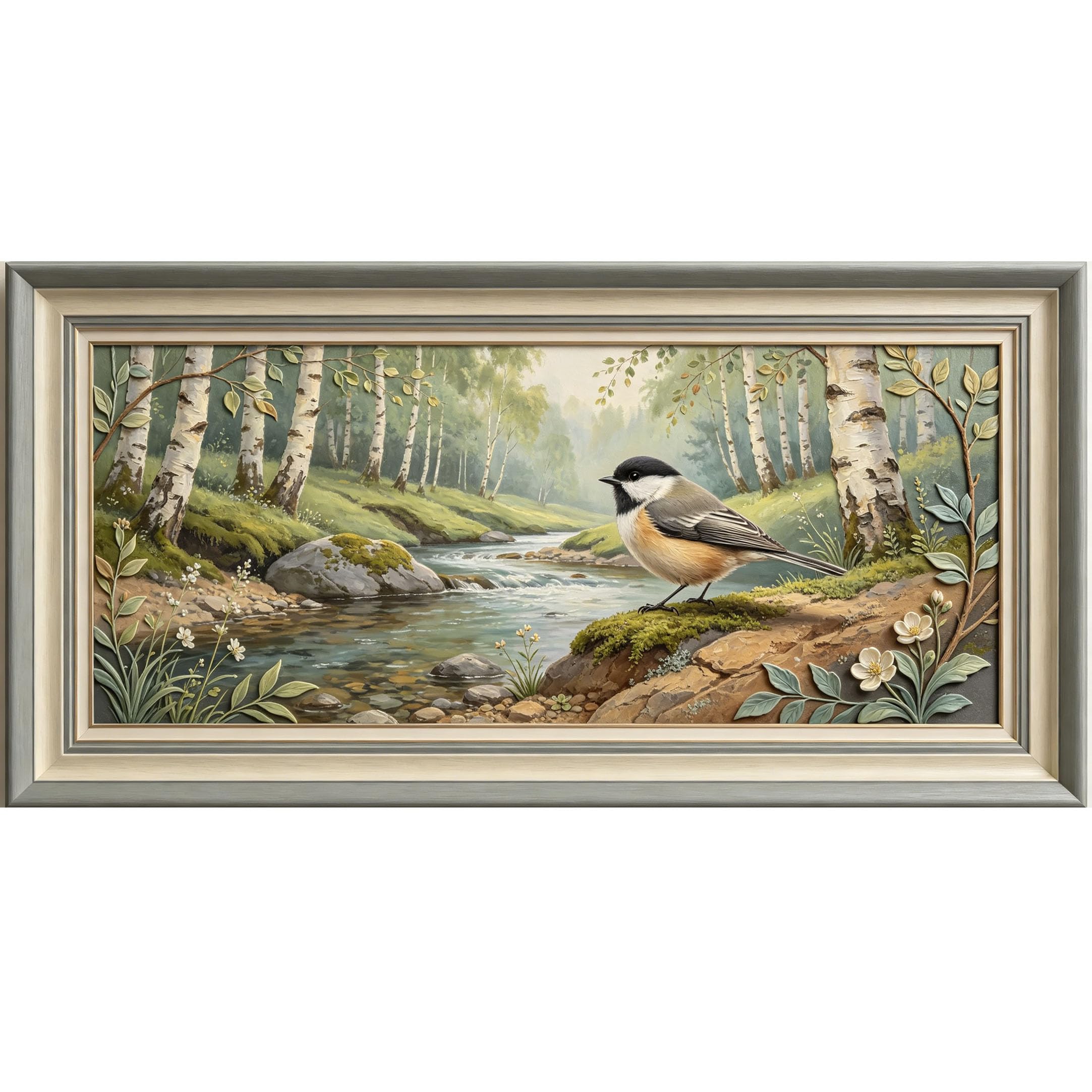 Agglomerix 3D Framed Wall Art Chickadee Bird Birch Tree Stream Forest Landscape Relief Effect Large Size SelfAdhesive Removable Wall Decor Prints Artwork for Living Room Bedroom Office