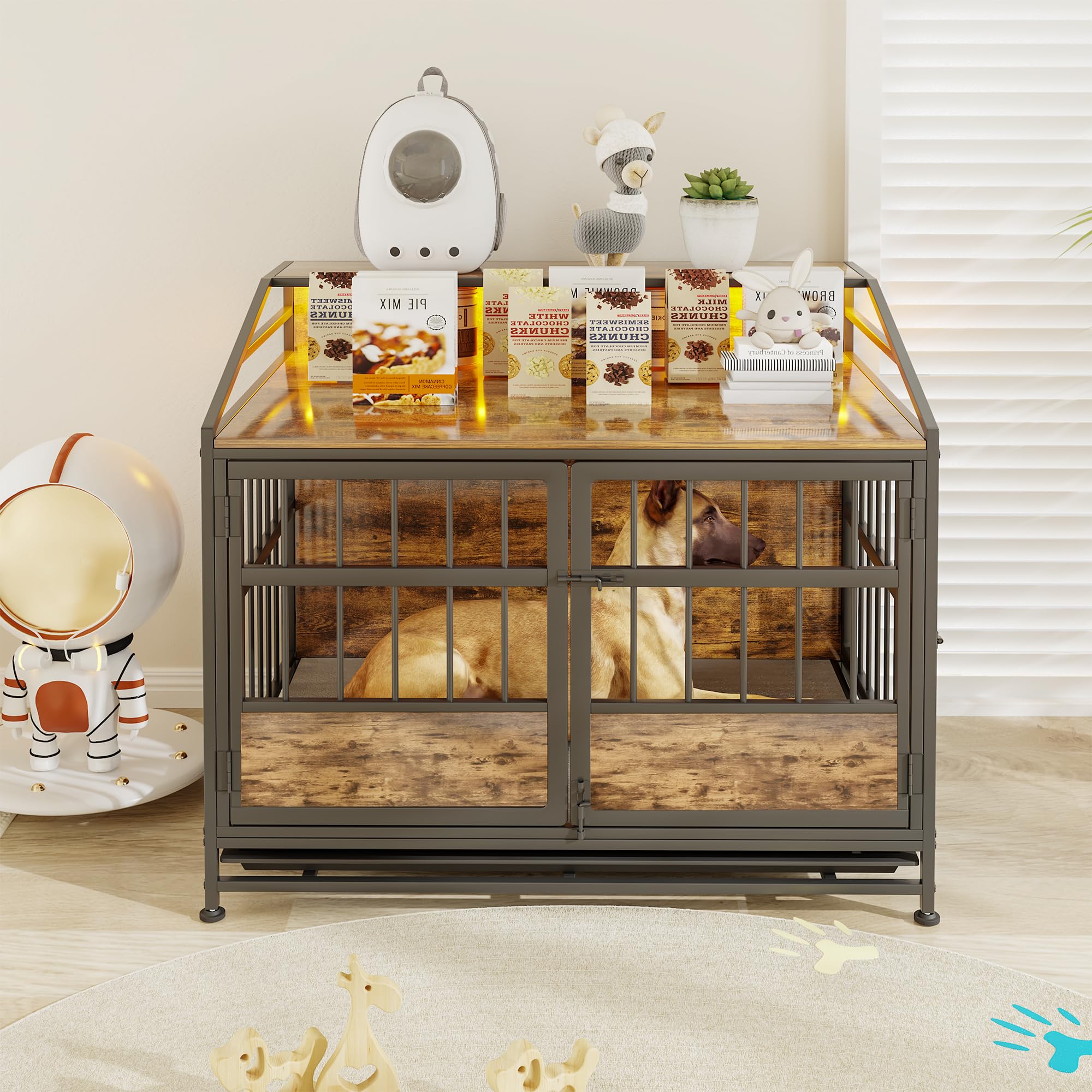 Cage chien, meuble rangement étagère, table bois, niche moyenne, plateau amovible