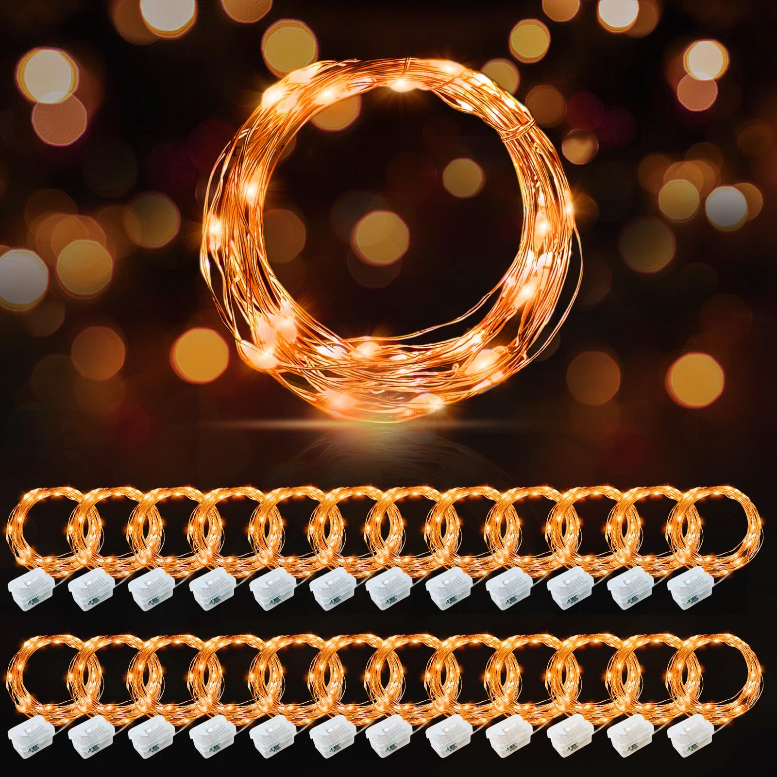 AIKEI 24 Pack LED Fairy Lights Battery Operated, Orange Thanksgiving Mini String Lights Waterproof 7ft 20 Led Firefly Starry Lights for Wedding Party Bedroom Garden Christmas Decoration Orange