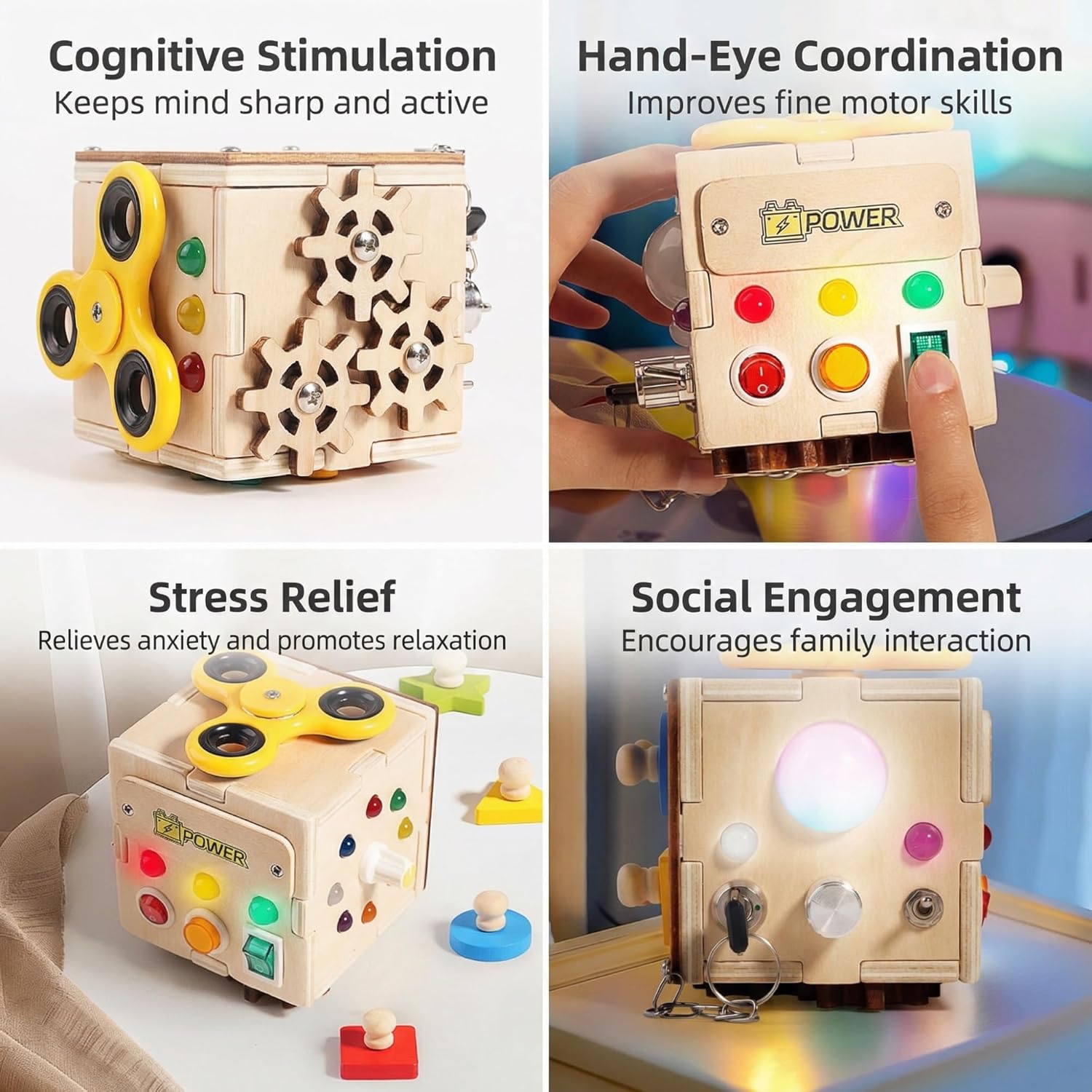 Six-Sided Interactive Cube for Seniors, Wooden Activity Panel with Multiple Interactive Elements, Fine Motor Skills and Cognitive Stimulation, 6 x 6 x 6 Inches, Great Gift for Parents