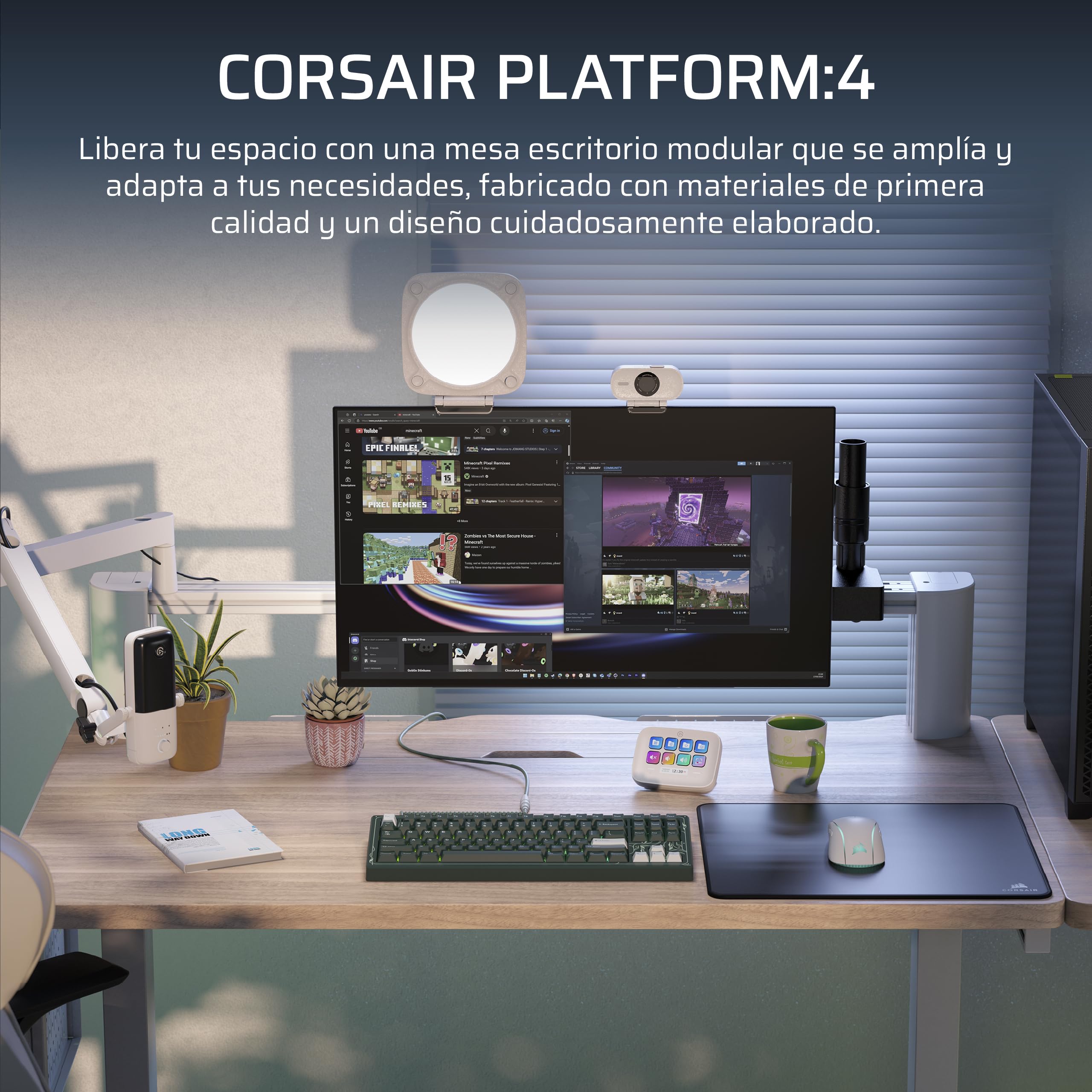 Corsair Platform:4 – 120 cm x 76 cm, Altura Fija, Escritorio de Pie para Juegos de Oficina, Cables Escritorio, Alimentación USB, Brazo para Monitor Incluido – Tinte Pino Blanco