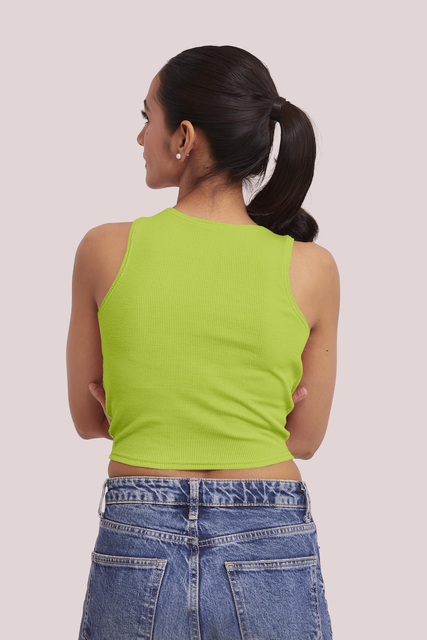 BERRY BIRD® Sleeveless V- Neck Slim Fit Ribbed Knit Tank Crop Tops for Women & Girls Casual Beach and Gym Wear and Western Trendy Fashion Neon 2