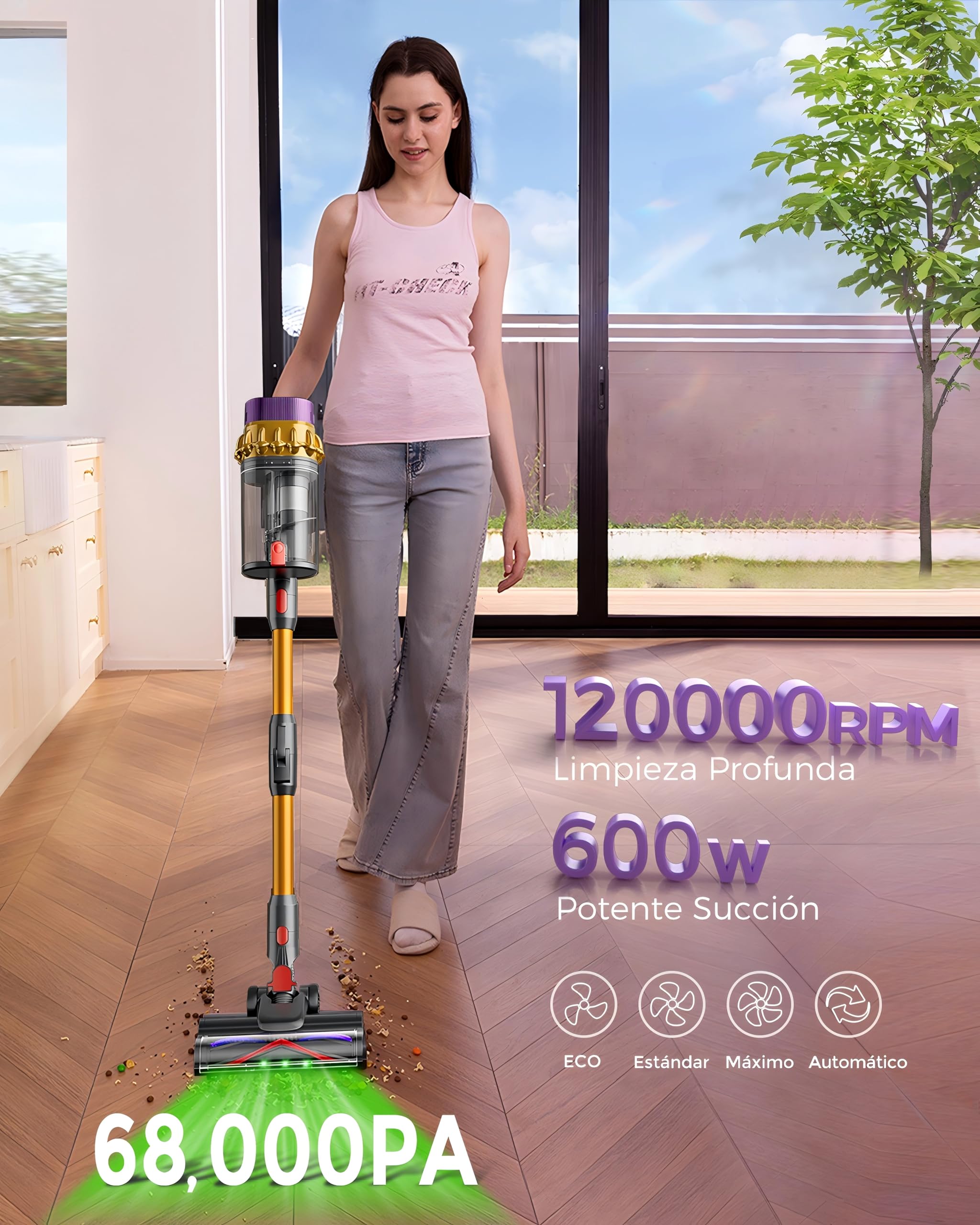 C10 EVO Aspiradora sin Cable, 68Kpa/600W/70Mins Aspiradoras Escoba con Modo Automático, Diserio autoportante, Depósito Doble de 1.8L, Cepillo Antienredos, Limpia Bajo Muebles sin Agacharte