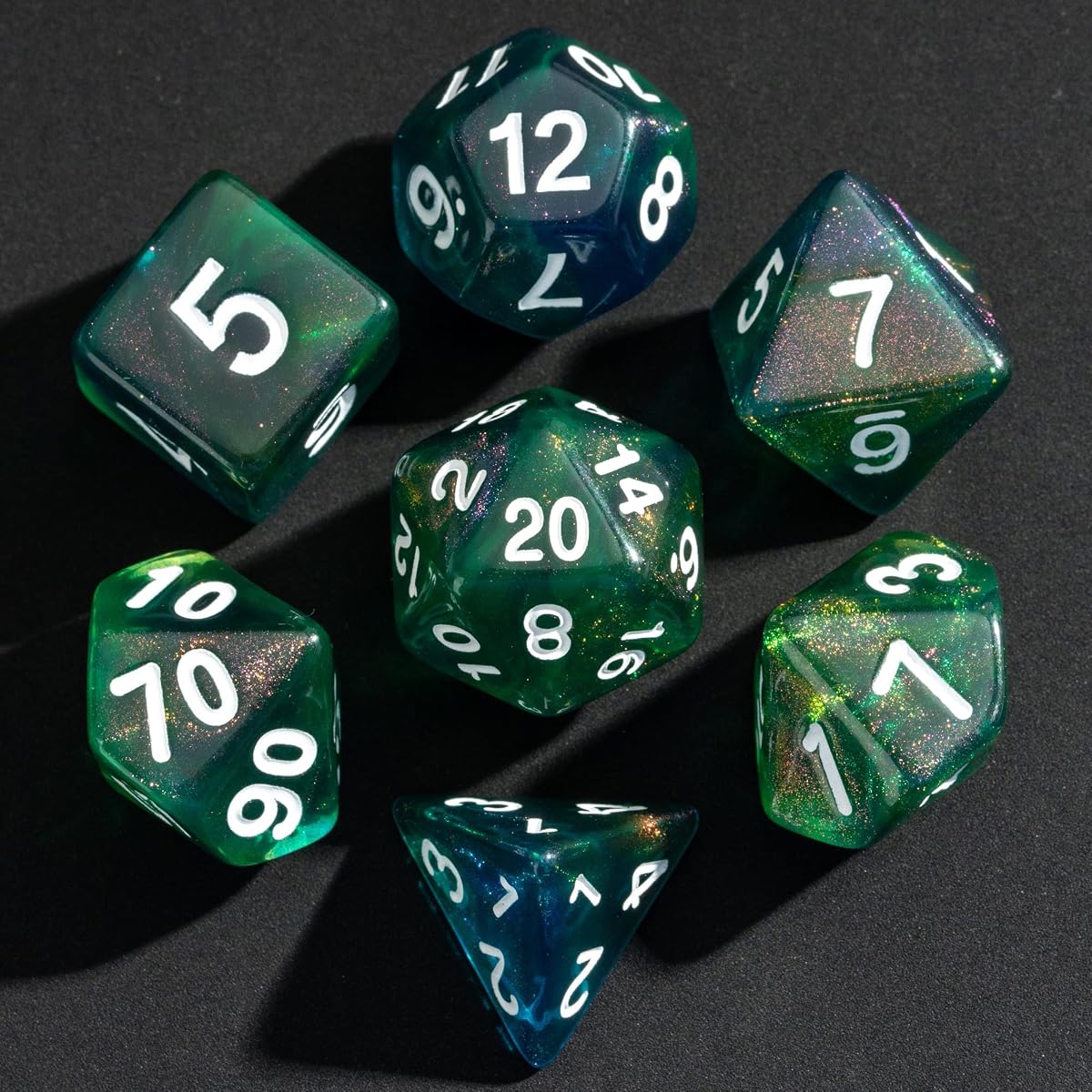 7-Die DND Dice Set Polyhedral Dice Set with a Leather Dice Bag, D&D Dice Set for RPG Table Games (Blue & Green)
