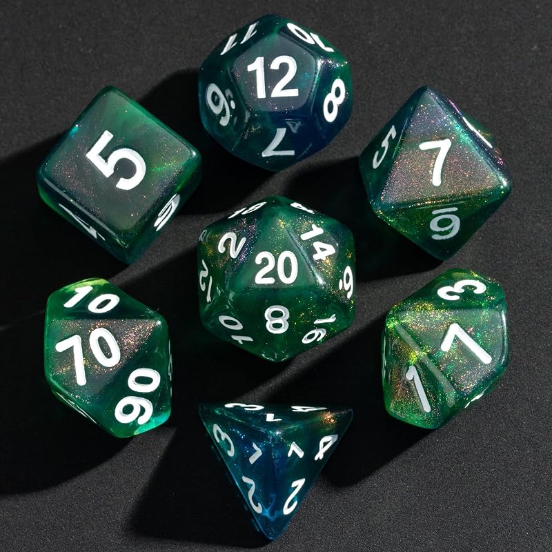 7-Die DND Dice Set Polyhedral Dice Set with a Leather Dice Bag, D&D Dice Set for RPG Table Games (Blue & Green)
