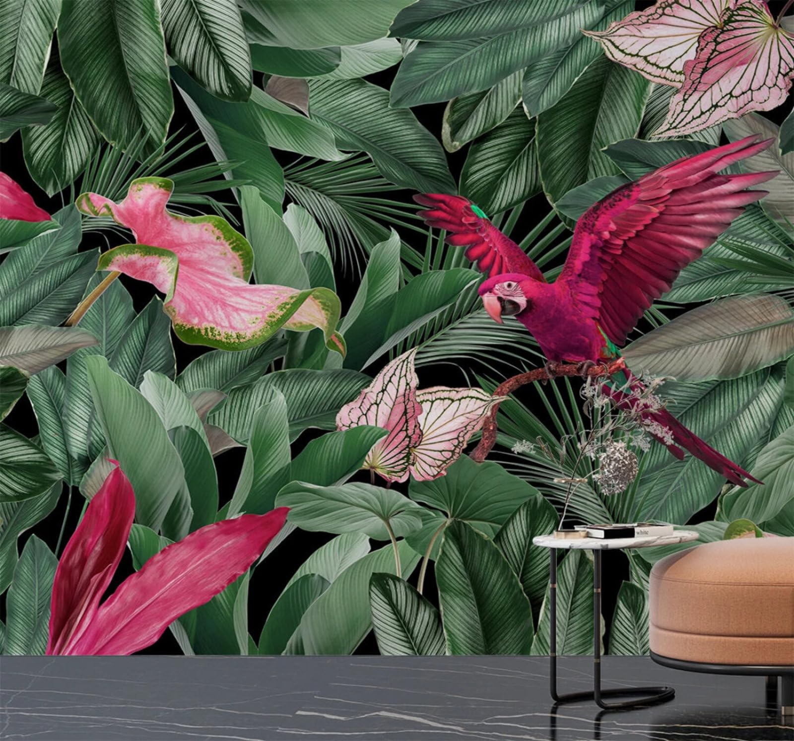Wallpaper-3D-Xlm 400Cm×280Cm(B×H) Fresh Minimalist Tropical Leaves Parrot 3D Wallpaper Easy Install Feature Office Living Room Sofa Bedroom Tv Background Wall Decoration-400Cm×280Cm