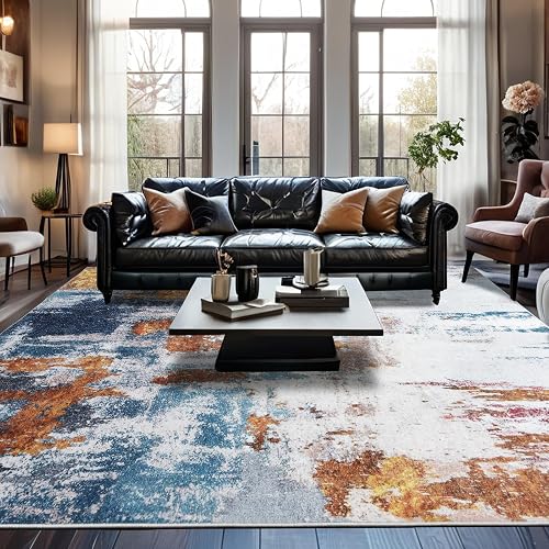 YJ.GWL 8x10 Abstract Blue Grey Gold Rug
