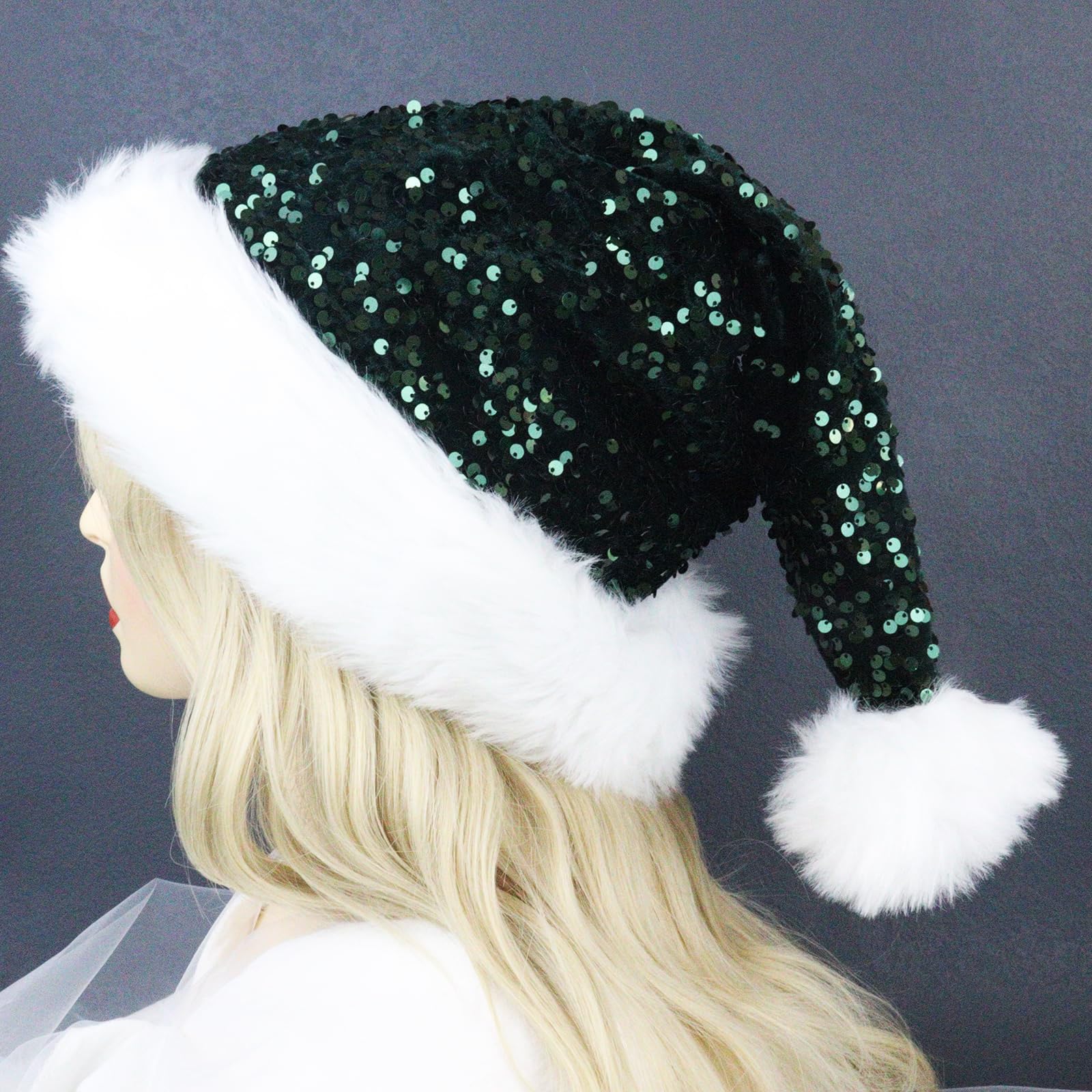 KFZR Sequin Santa Hat Christmas Hat for Adults Plush Xmas Hat For Women Or Men New Year Festive Party Supplies (Green) - Image 3