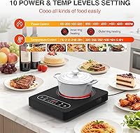 Vista 6 de Placa eléctrica de 1800 W: estufa eléctrica portátil de un solo quemador de 110 V con pantalla táctil LED, 10 niveles de potencia, placa caliente