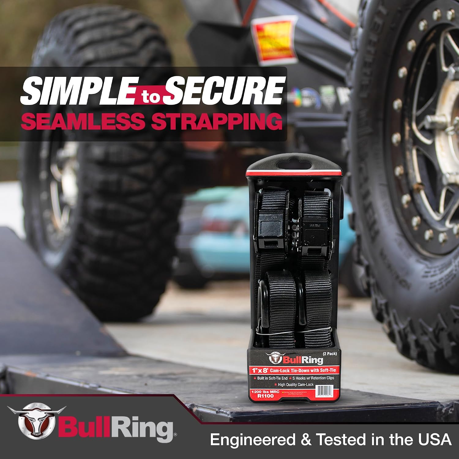Bull Ring Cam-Lock Tie Downs with S Hooks (2PK) – Includes (2) Heavy-Duty 1" x 8' Straps 1,200lb Break Strength for UTV, Motorcycles, ATV, Trailers, Cars, Trucks