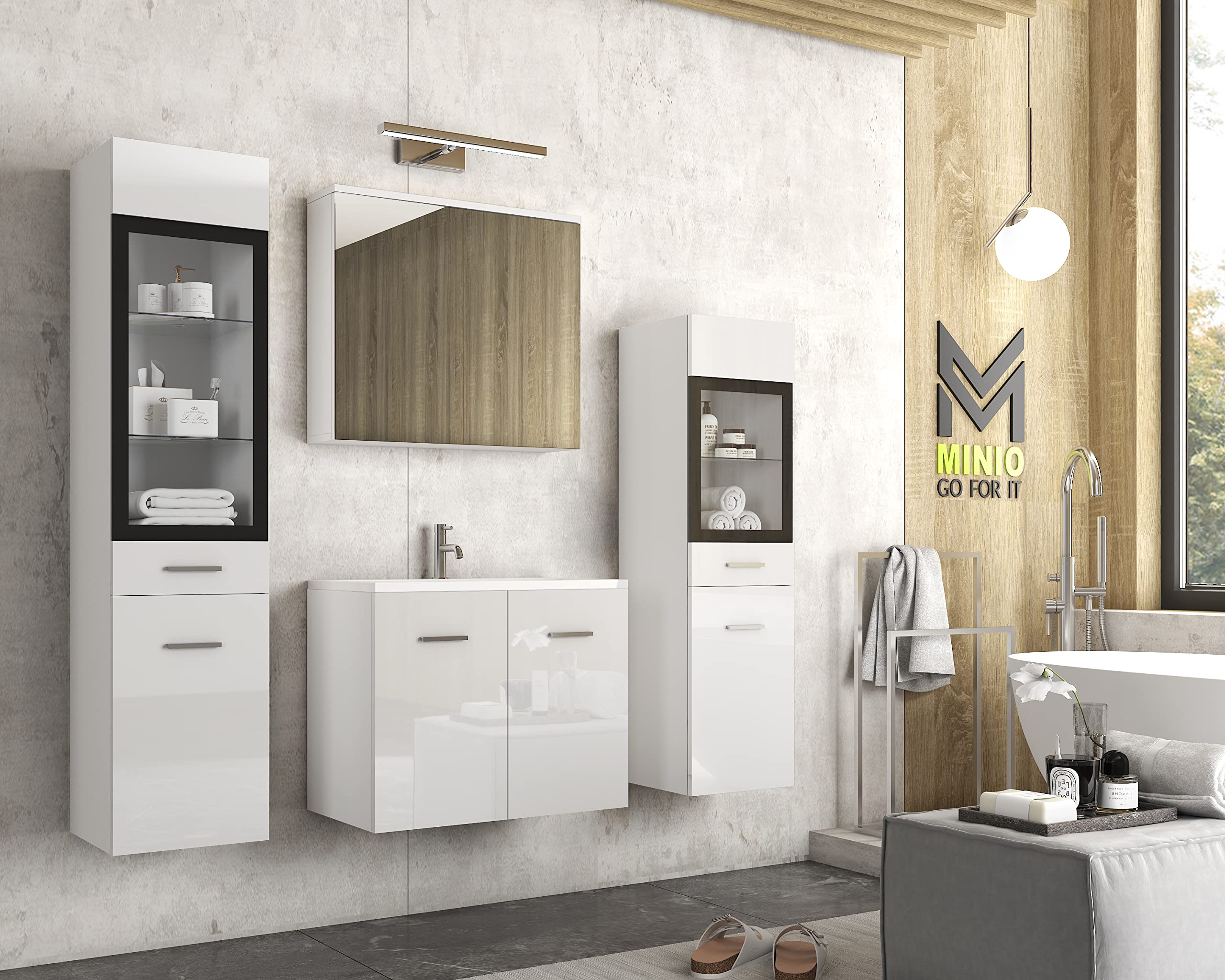 MINIO go for it - Badezimmermöbel Set Marit 2 Wandspiegelschrank ohne LED | Schrank mit Waschbecken, Farbe: Weiß Matt / Weiß Hochglanz
