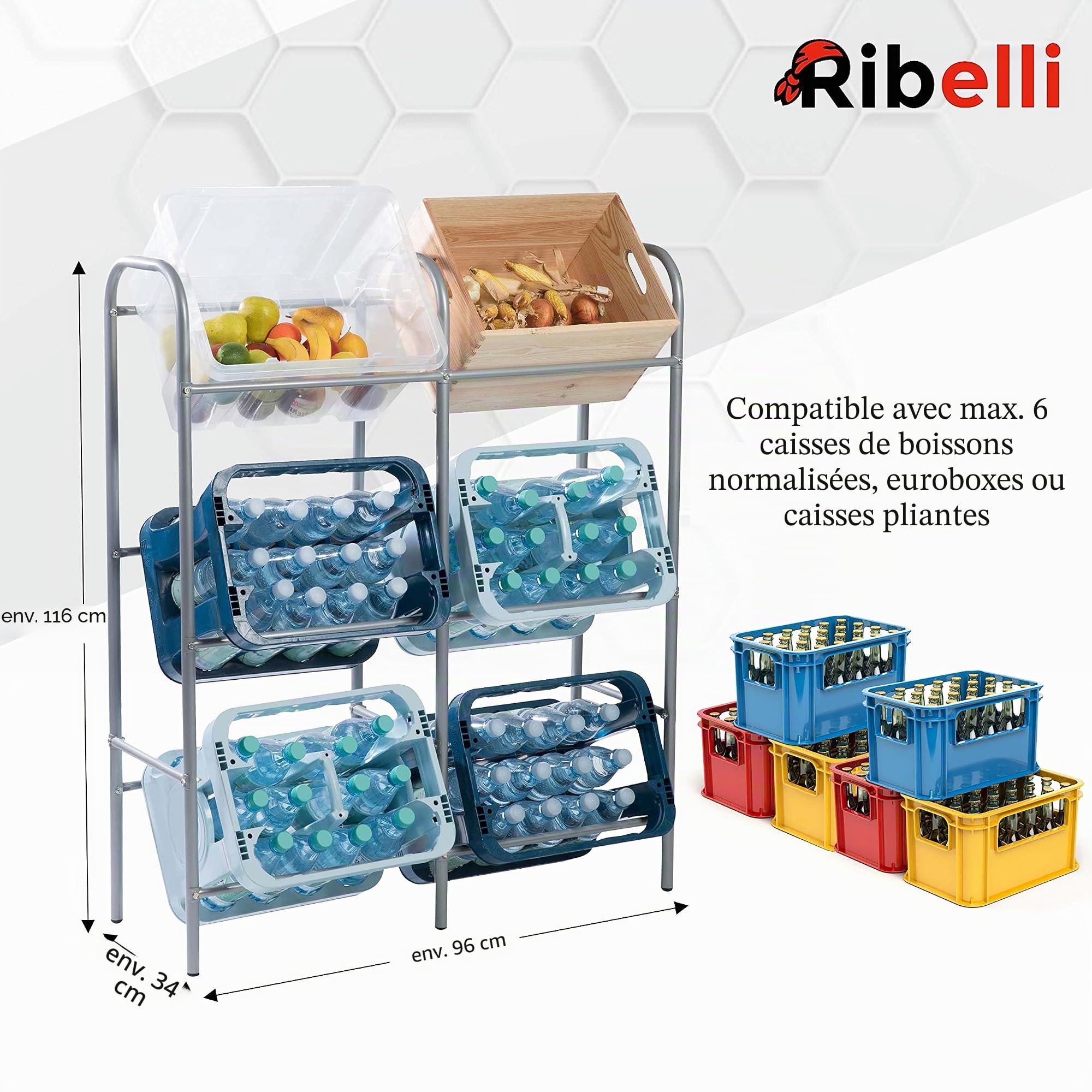 Ribelli Étagère à Boissons Rangement Caisses de Boisson Étagère pour 6 Caisses à Bouteilles ou Bac Eurobox