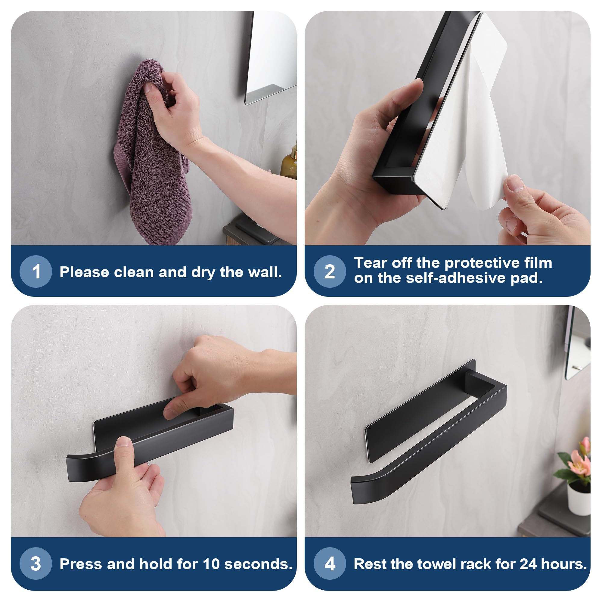 ALOCEO Toalleros de Baño sin Taladro Acero Inoxidable Toallero Adhesivo Negro 24cm — view 6