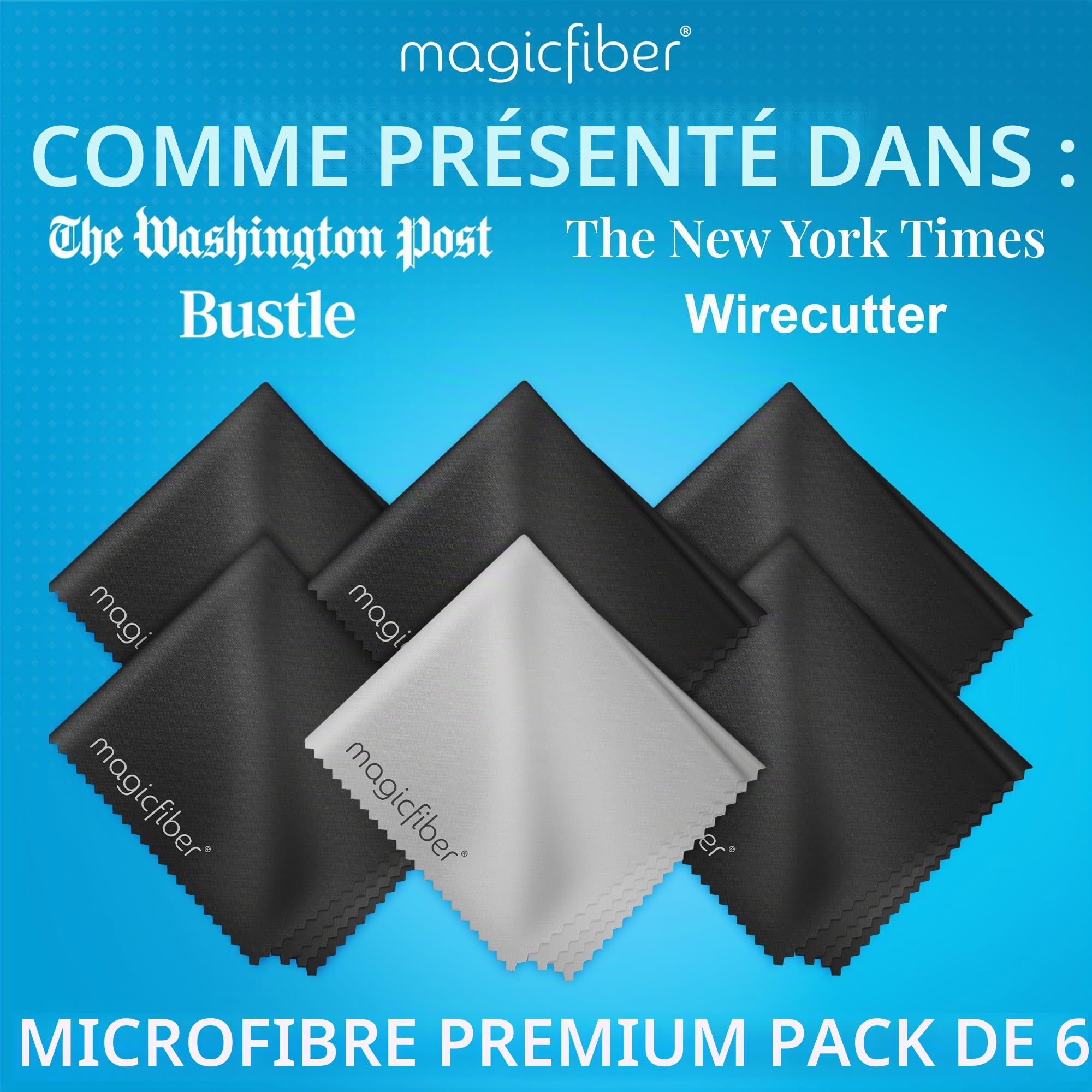 MagicFiber Chiffons de Nettoyage en Microfibre pour Tous Les écrans LCD, tablettes, objectifs et Autres Surfaces sensibles (5 Noir et 1 Gris, 15,2 x 17,8 cm)