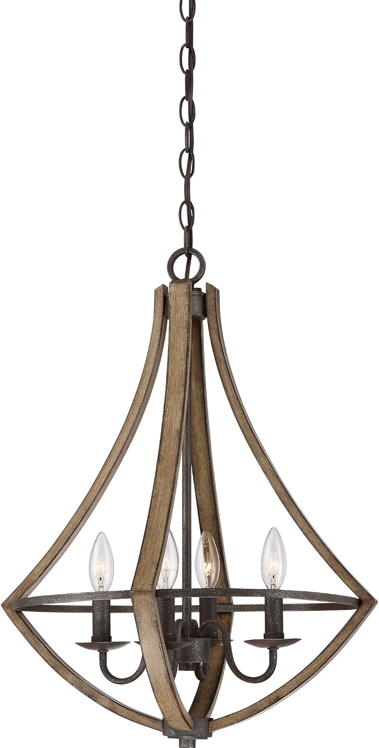 Quoizel Shire Candle Chandelier, 4-Light, 24" H x 18.25" W Rustic Black Vintage Chandelier, 60W Bulbs, Max Adjustable Height 77", Pendant Light for Kitchen, Dining, Living Room, Foyer or Farmhouse