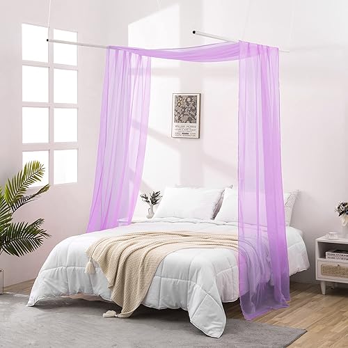 Cortinas de dosel de cama de 144 pulgadas de largo, cortinas de cama traslúcidas moradas, red de toldo para cama, cortinas de cama con dosel de