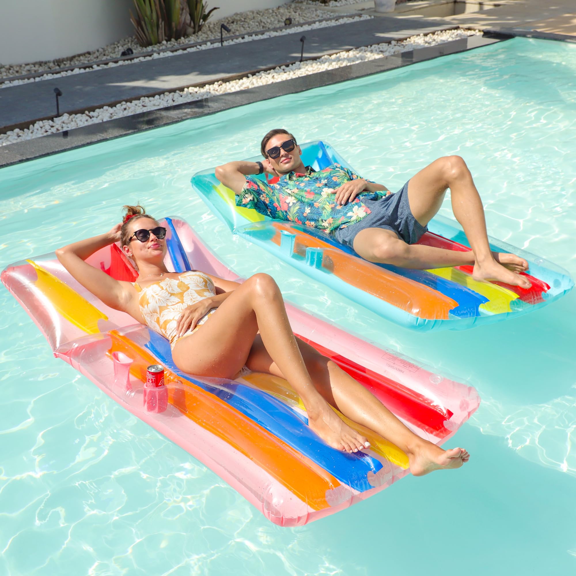 2 Pack Pool Floats Adults with Cup Holder, 72'' Inflatable Floaties Pool Lounger Raft Lake Floats for Adults Heavy Duty