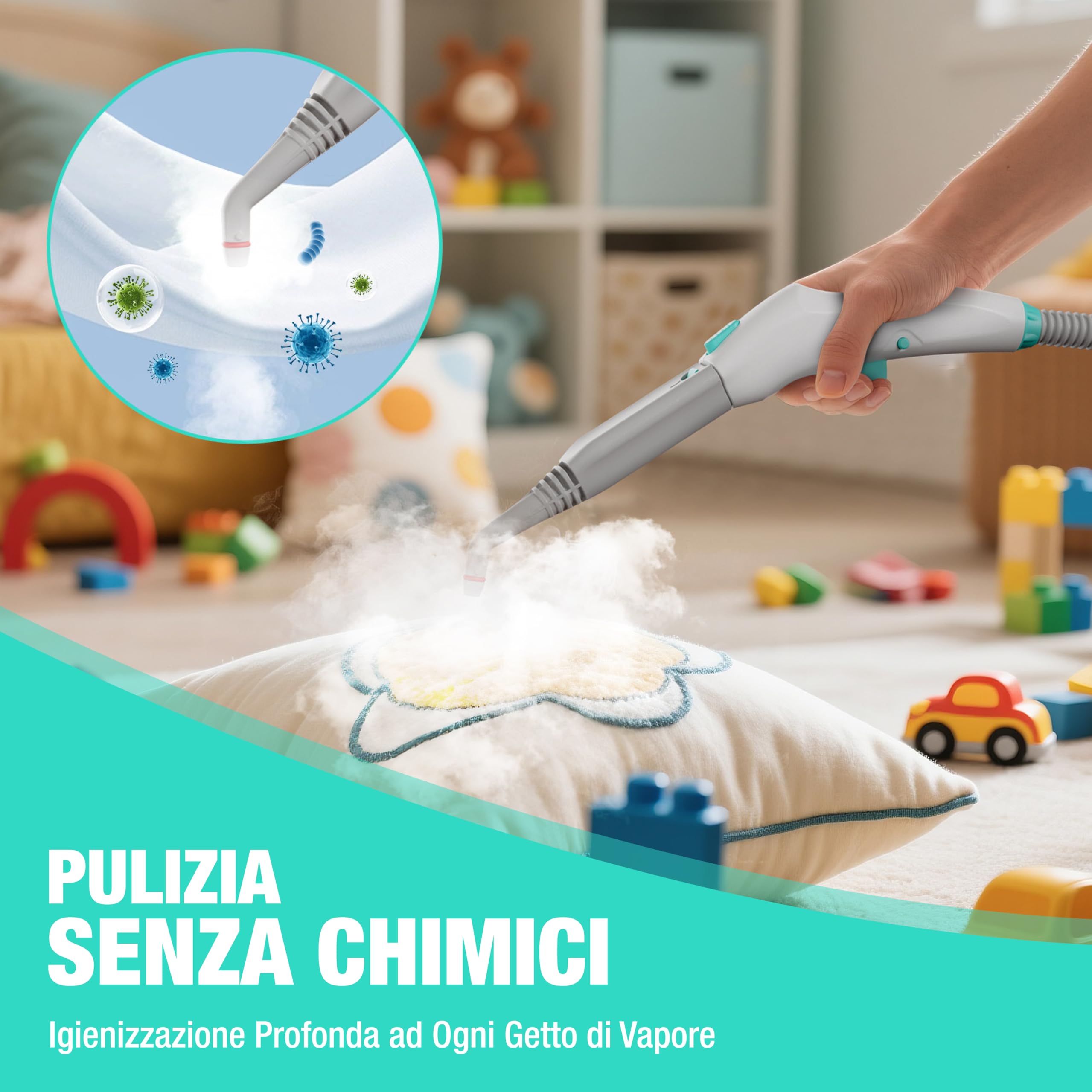 HAUSHOF Pulitore a Vapore Portatile 2000W, 1,5L, 4 Bar, 8 Min Riscaldamento, Lavapavimenti a Vapore Multifunzione con 16 Accessori e Cavo 3m, per Pavimenti, Tappeti, Finestre, Cucina