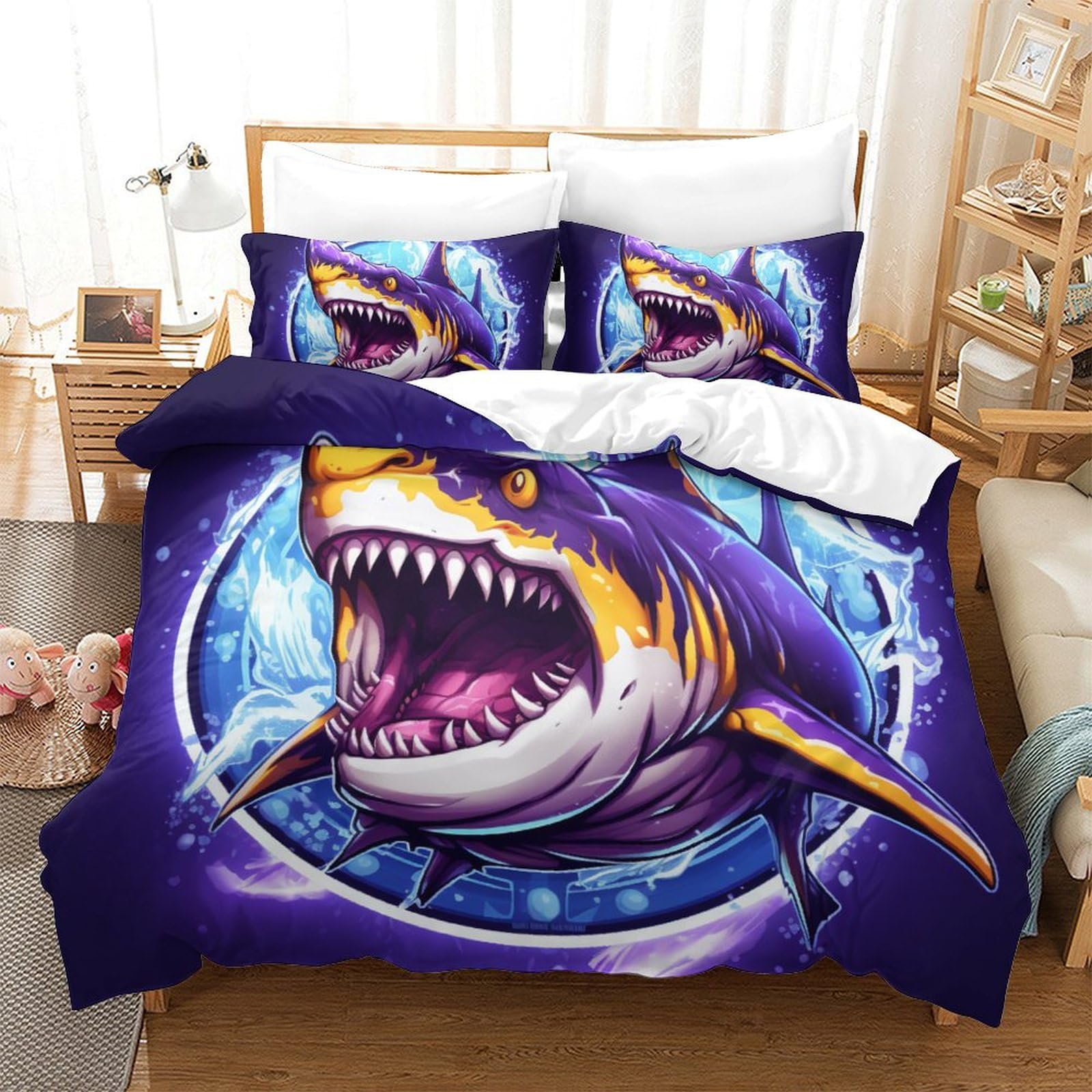 Parure de lit requin 3D housse de couette 260x220 taies oreiller
