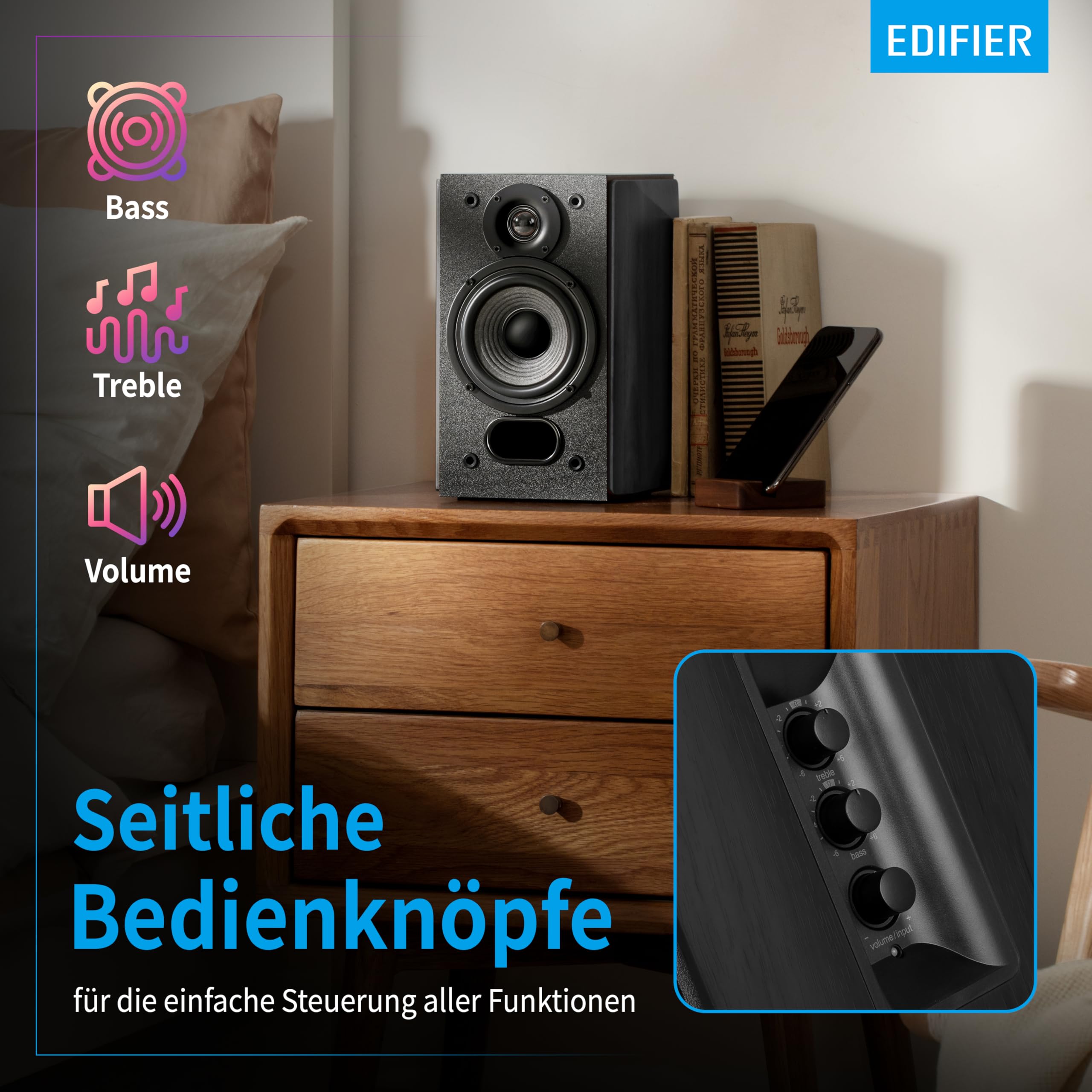 EDIFIER Studio R1380T 2.0 Regallautsprecher-System (42 Watt) im Echtholzgehäuse (MDF). Zwei LINE IN Anschlüsse. Infrarot-Fernbedienung und seitliche Bedienelemente für Bässe, Höhen und Lautstärke.