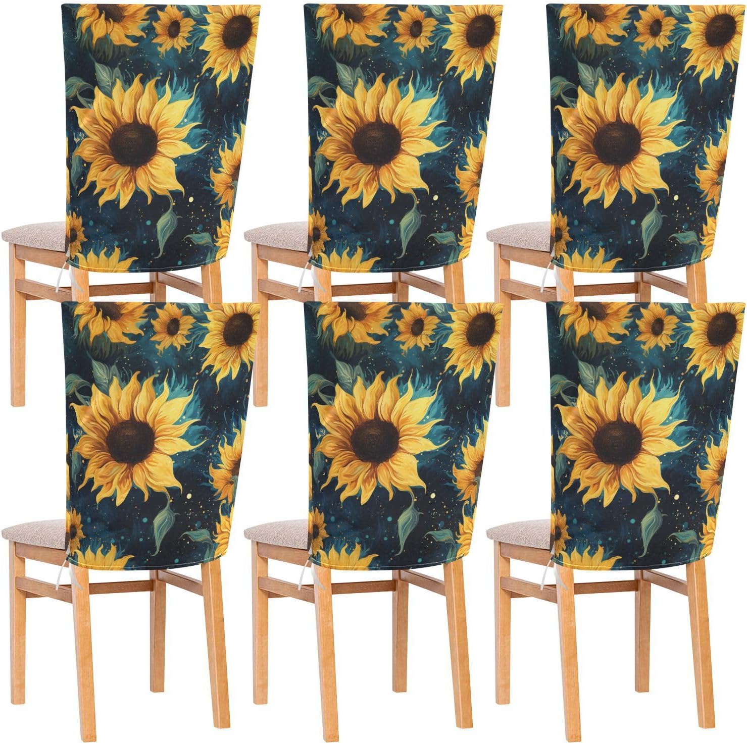 ALAZA Sunflowers and Stars Chair Back Cover Set of 6, Washable Reusable Removable Chair Slipcovers Decorative Chair Cover for Home Kitchen Wedding Party