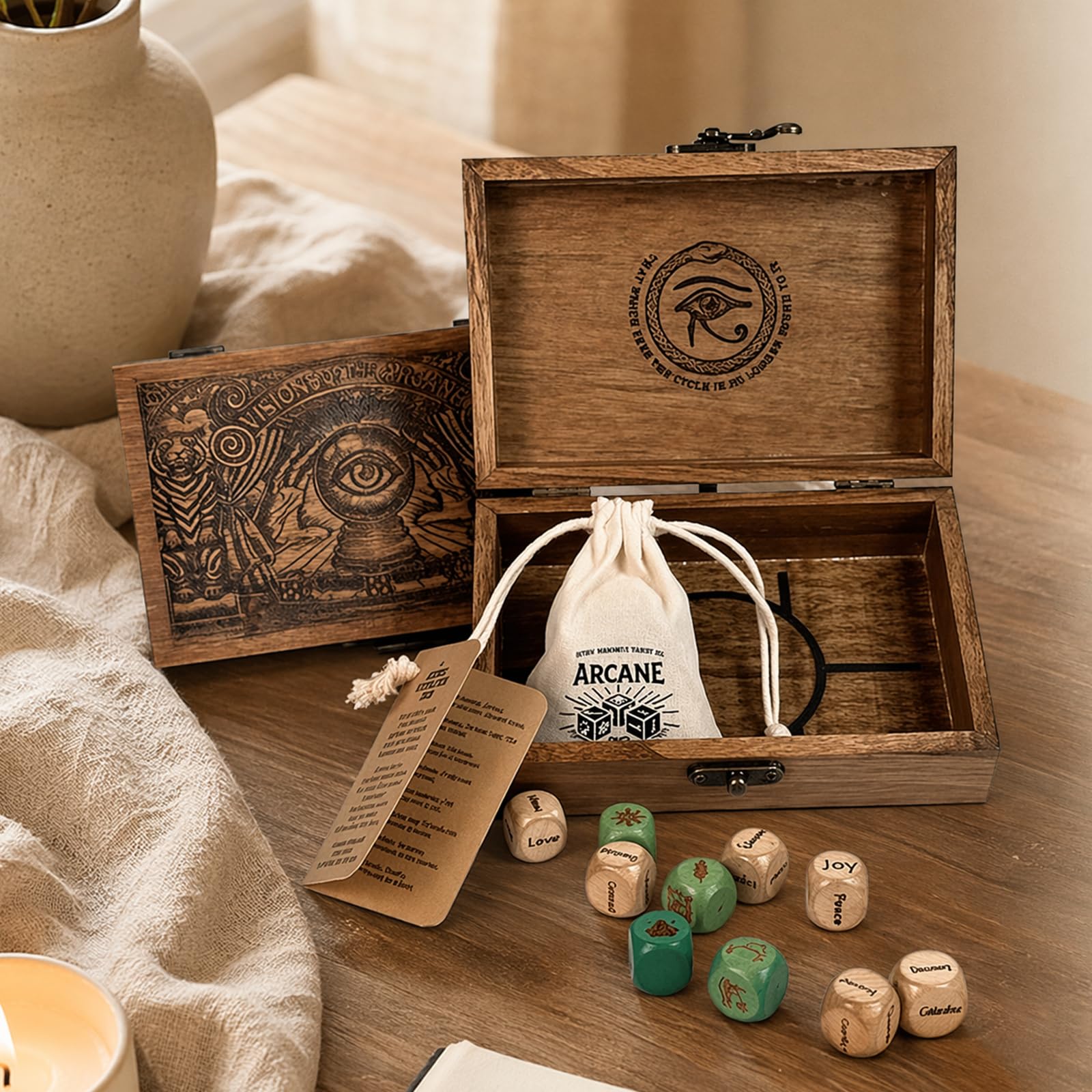 Set di dadi di divinazione con scatola di legno incisa - 10 pezzi | Dadi Oracolo di alta qualità per rituali, amplifica intuizione, realizzati a mano con simboli