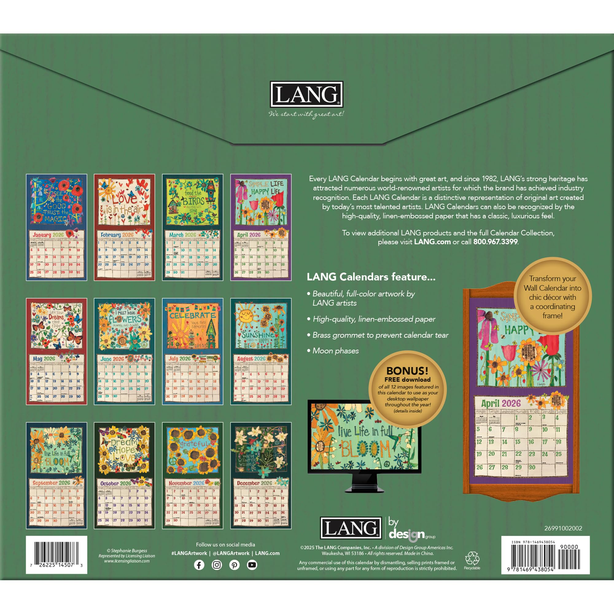 LANG Calendrier mural 2026 Peint la paix – Fabriqué aux États-Unis