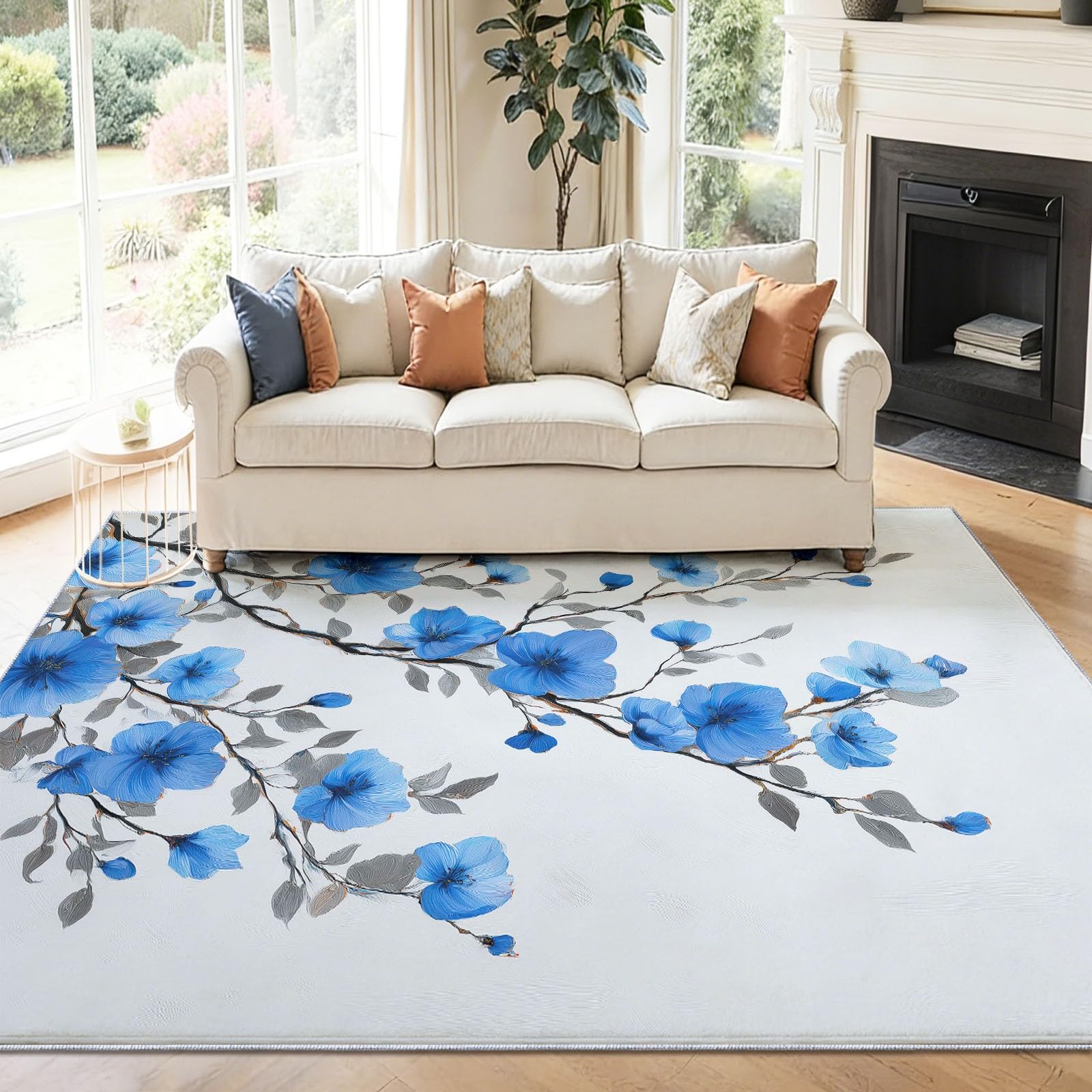 Tradycyjny dywan do salonu, 80 x 150 cm, można prać w pralce, antypoślizgowy, niebieskie gałęzie kwiatów, dywany do sypialni, jadalni, biura, odporny na plamy dywan z nadrukiem, do wewnątrz, domu