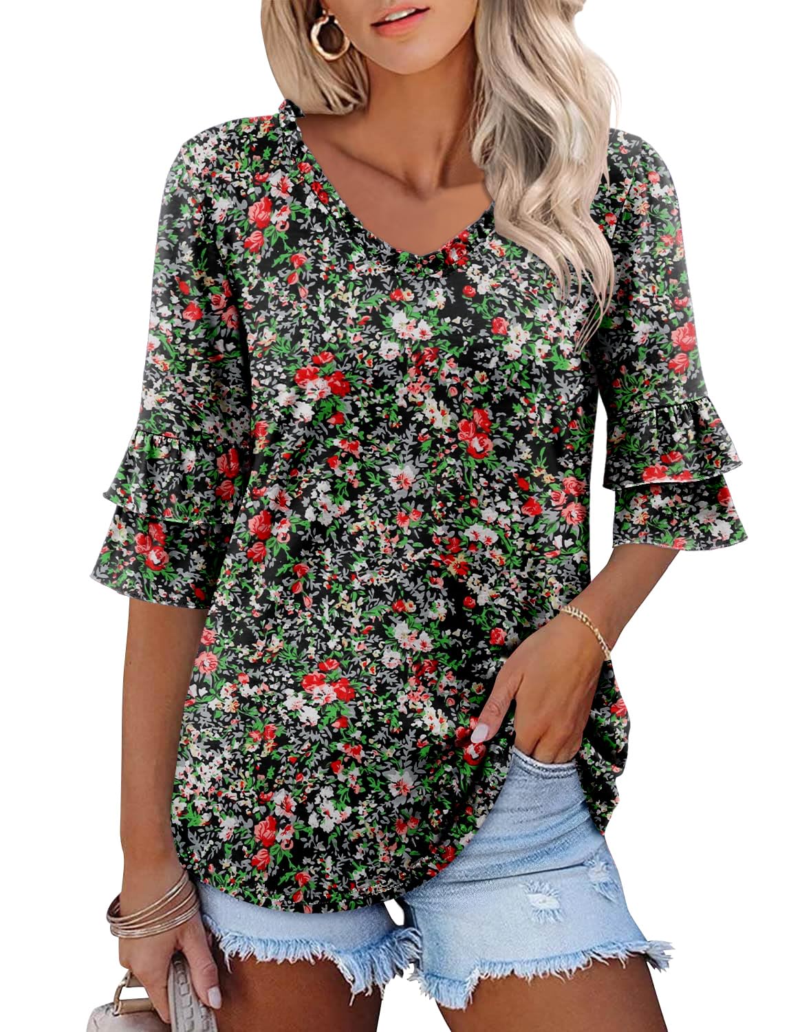 BETTE BOUTIK Womens Tops Ruffle Loose Fit Blouses V Neck T Shirts Dressy Casual 3/4 Bell Sleeve Tee Summer Clothes