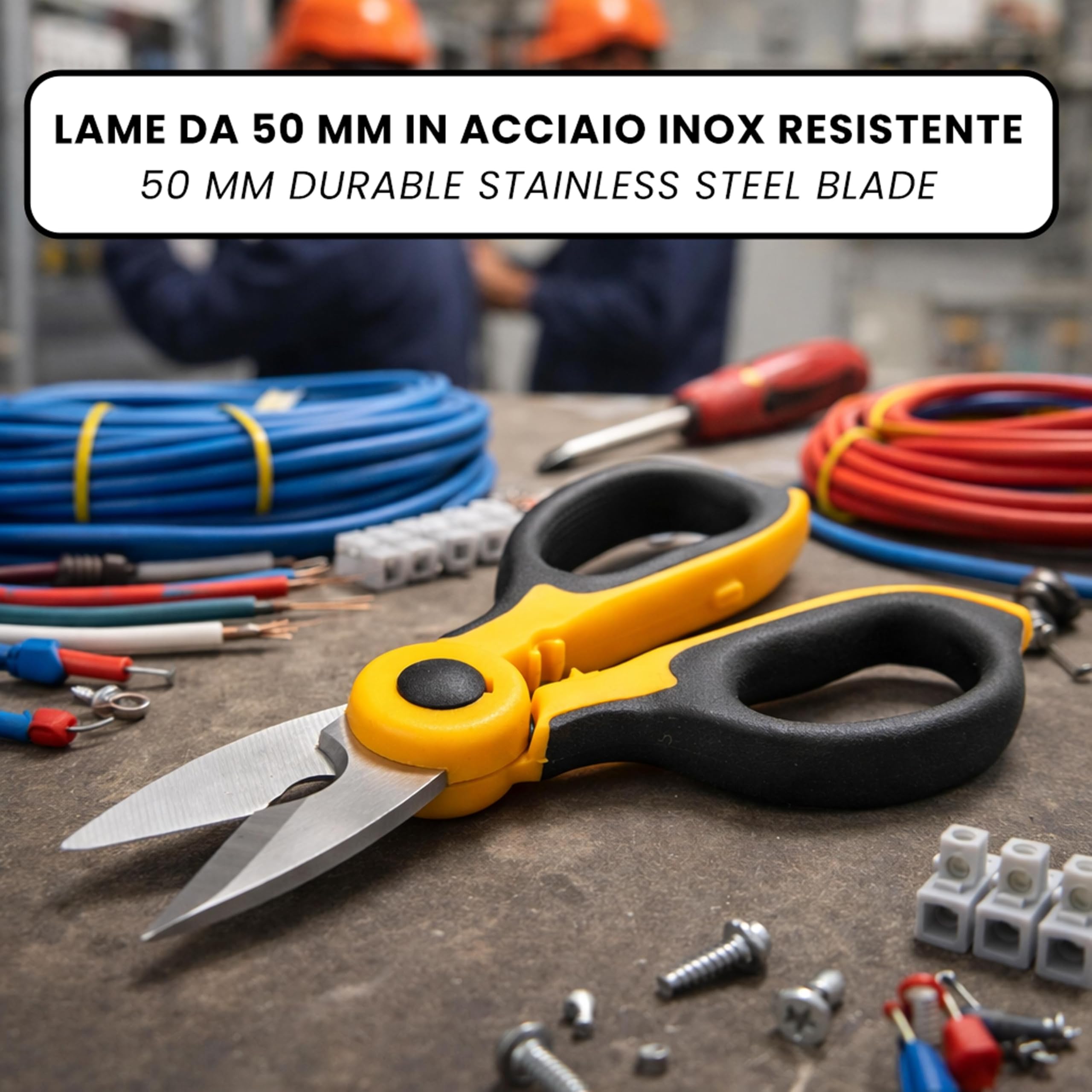IPEA Forbici da Elettricista Professionali Isolate – [ Lama Retta da 50 mm in Acciaio Inox ] – Forbici da Elettricisti per Taglio Fili e Cavi Elettrici – Spelacavi e Spelafili – Elettricisti