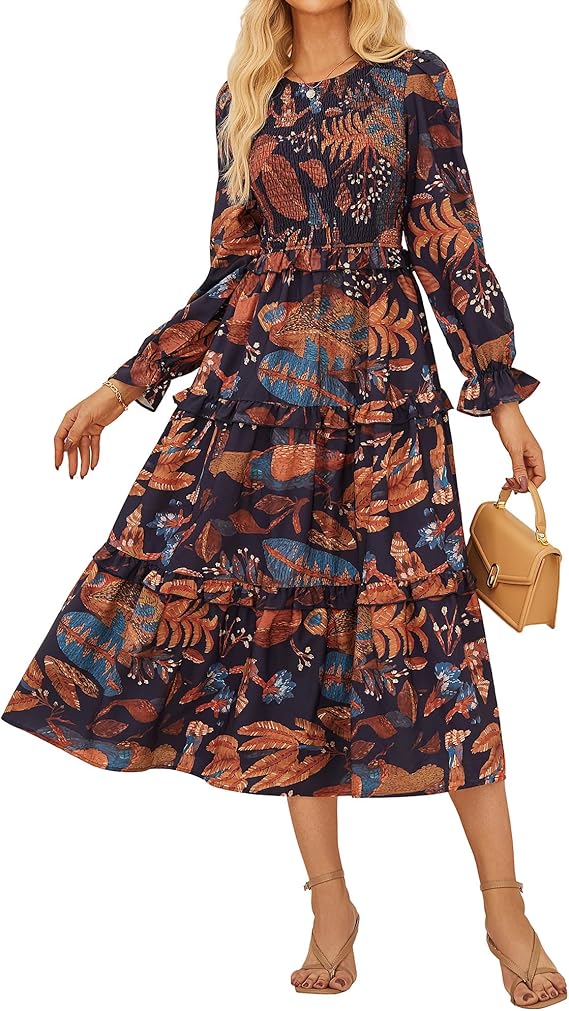 GRACE KARIN Women's Floral Midi Dress 2025 Long Sleeve Fall Elegant Smocked Tiered Flowy Wedding Guest Dresses with Pockets