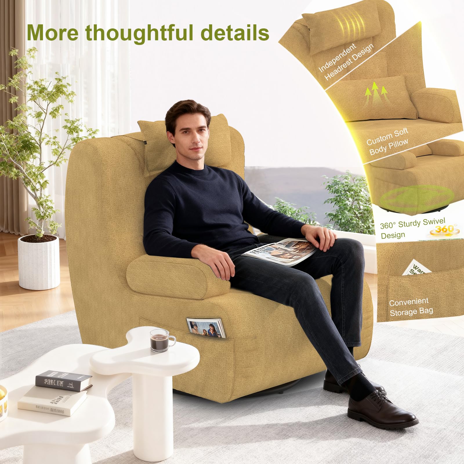 Relaxsessel,Fernsehsessel mit 2 zusätzlichen Kissen,2 Seitentaschen, 360°Drehbarer TV-Sessel für Wohnzimmer, Schlafzimmer, Heimkino, gepolsterter Hochlehner-Sessel, Moderner Lesesessel , Drehsessel