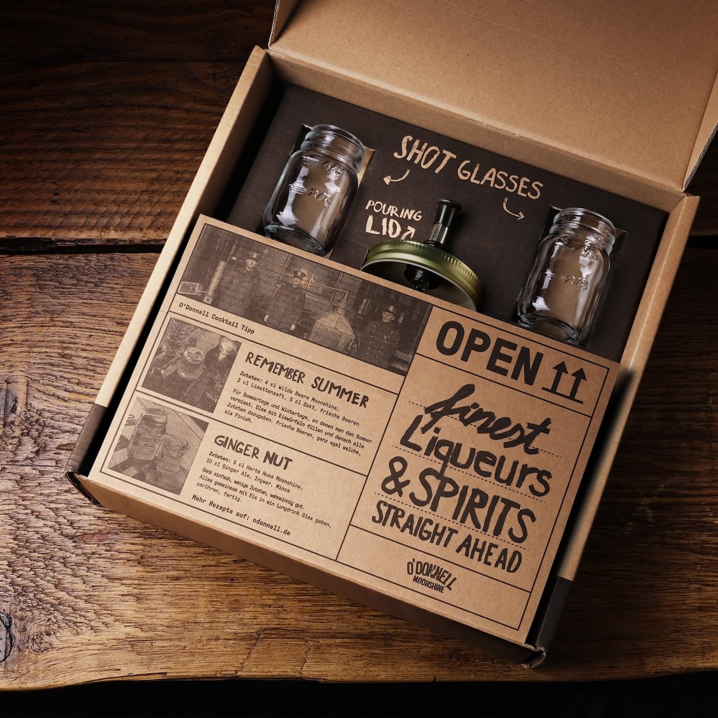 O'Donnell Moonshine Likör Geschenkset Made in Berlin – 3x Premium Likör Toffee, Kirsche & Haselnusslikör (350ml) + 2x Mason Jar Whiskey Gläser + Ausgießer (Geschenk für Männer) in Geschenkbox
