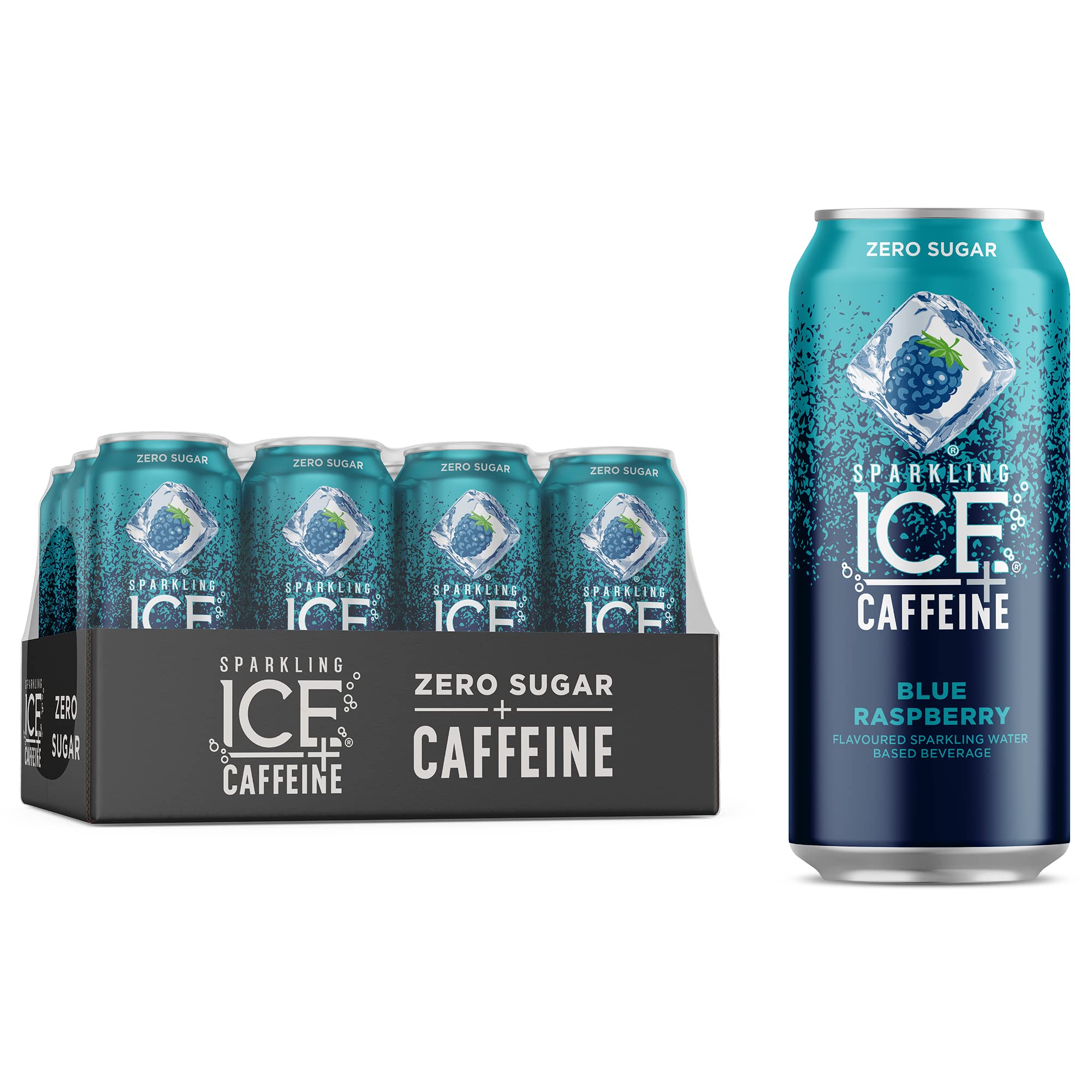 Sparkling Ice +Caffeine Blue Raspberry Sparkling Water. (Pack of