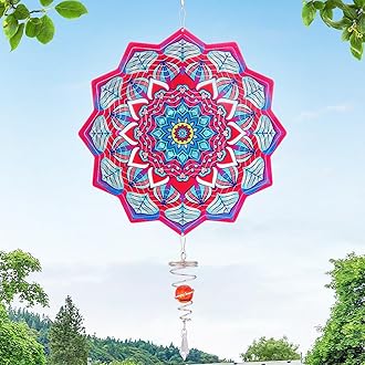 Mandala Wind Spinner - 3D Stainless Steel Garden Spinner with Ball Spiral Tail, Kinetic Hanging Wind Catcher Sculptures for Yard Art Window Indoor Outdoor Decor, Red