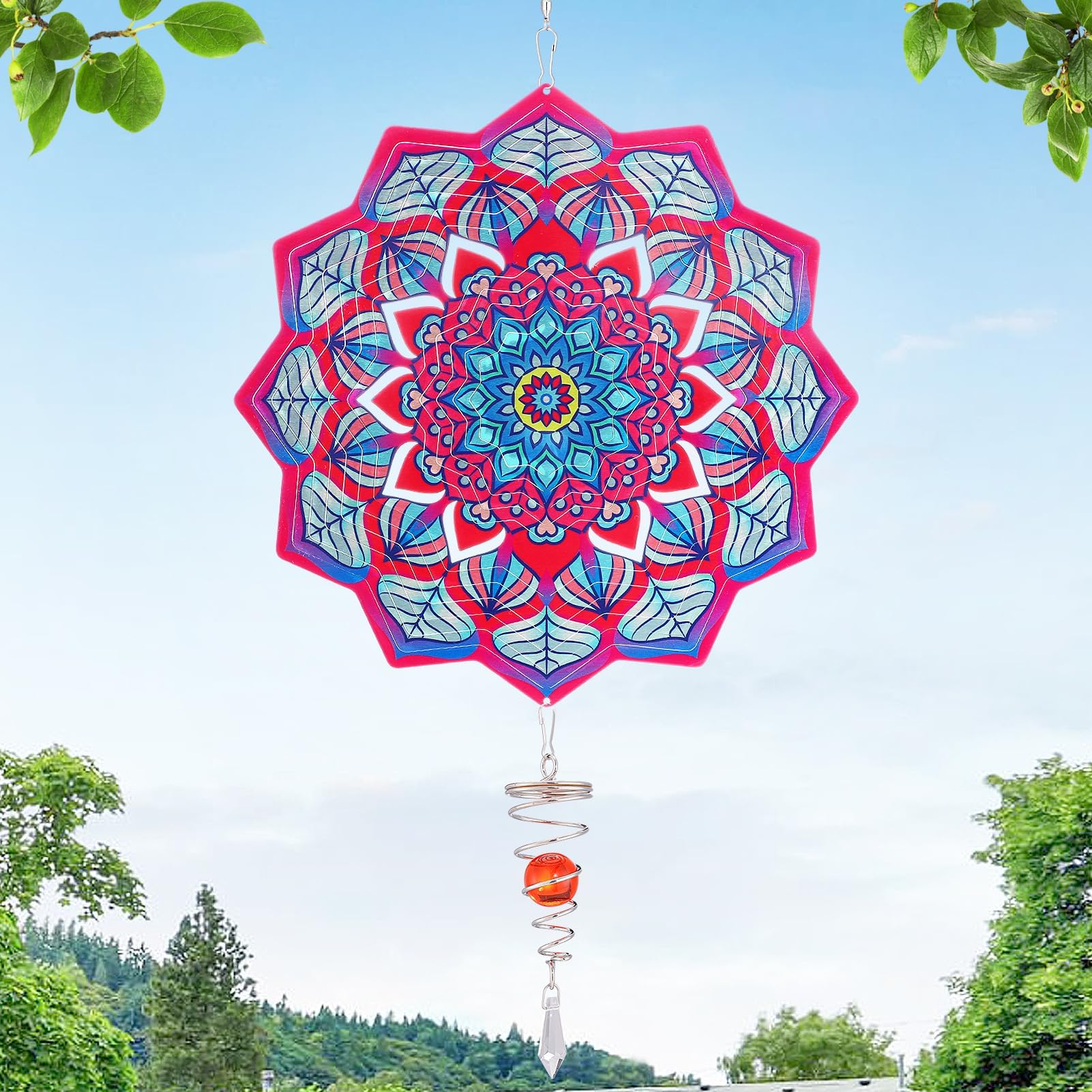 Mandala Wind Spinner - 3D Stainless Steel Garden Spinner with Ball Spiral Tail, Kinetic Hanging Wind Catcher Sculptures for Yard Art Window Indoor Outdoor Decor, Red