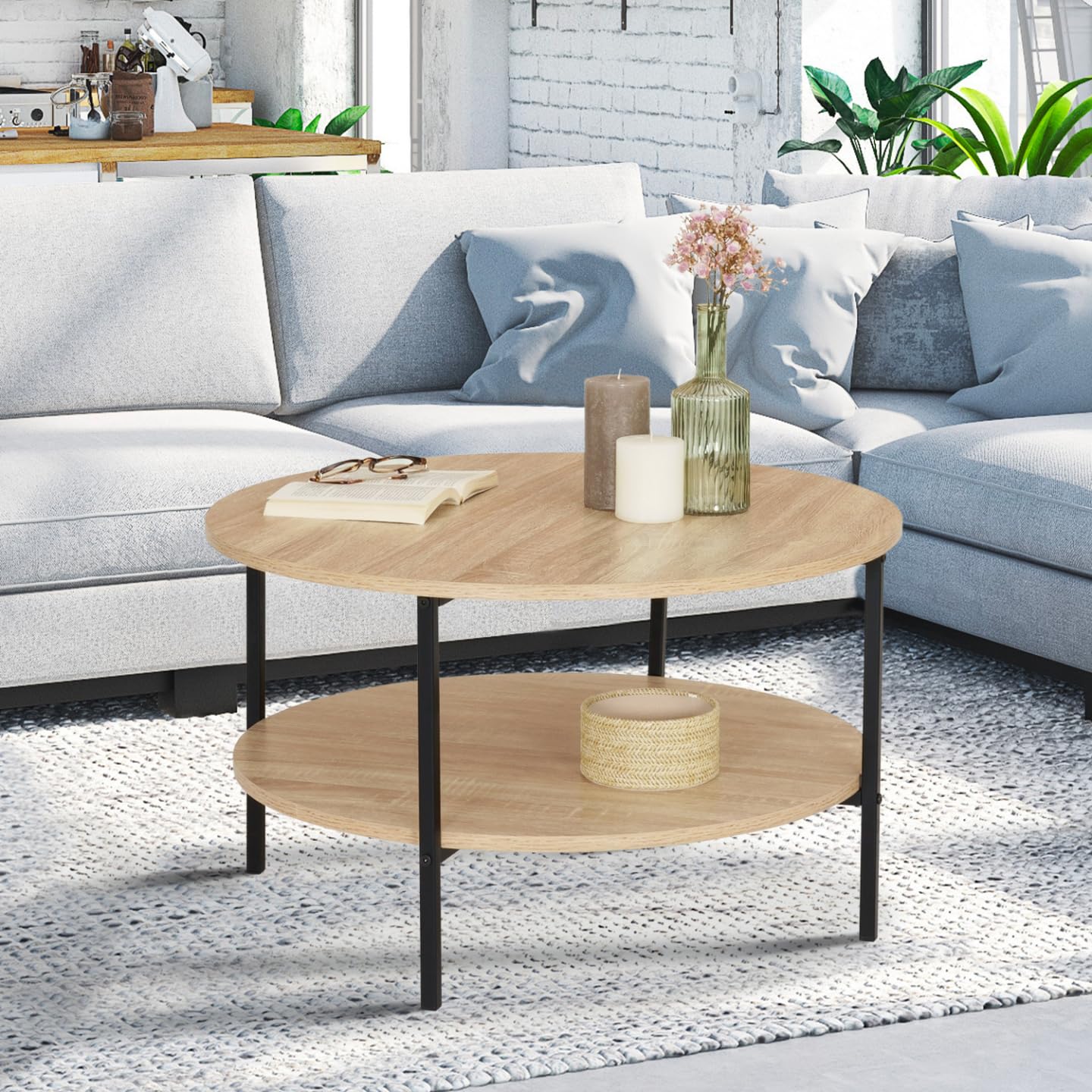 IDMarket – Mesa baja doble bandeja redonda Detroit 70 cm diseño industrial