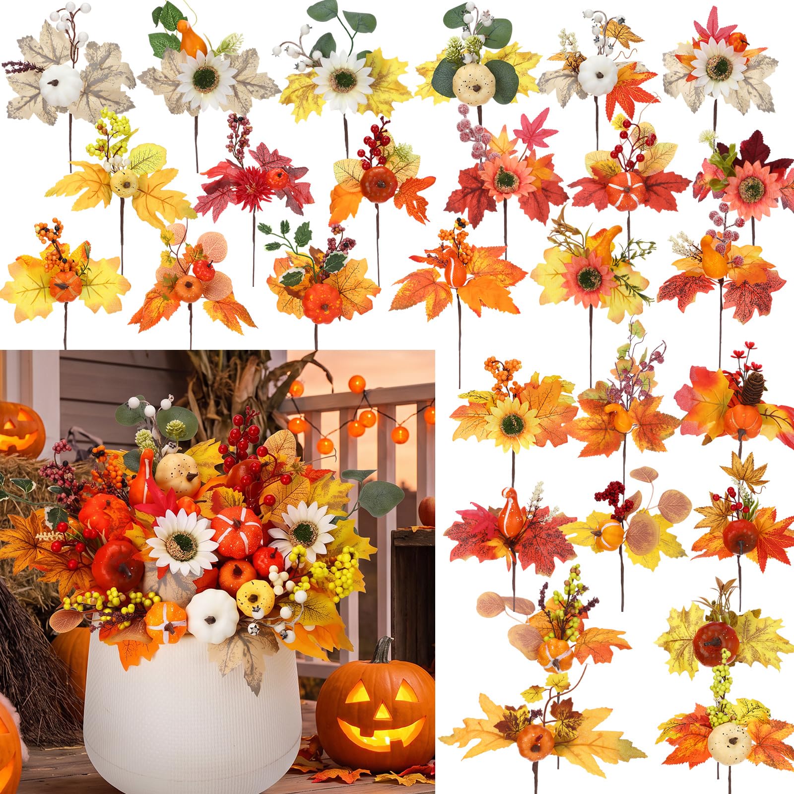 28 Pcs Fall Flower Pick, Artificial Floral Leaf Stem, 12 Inch, Maple Leaf