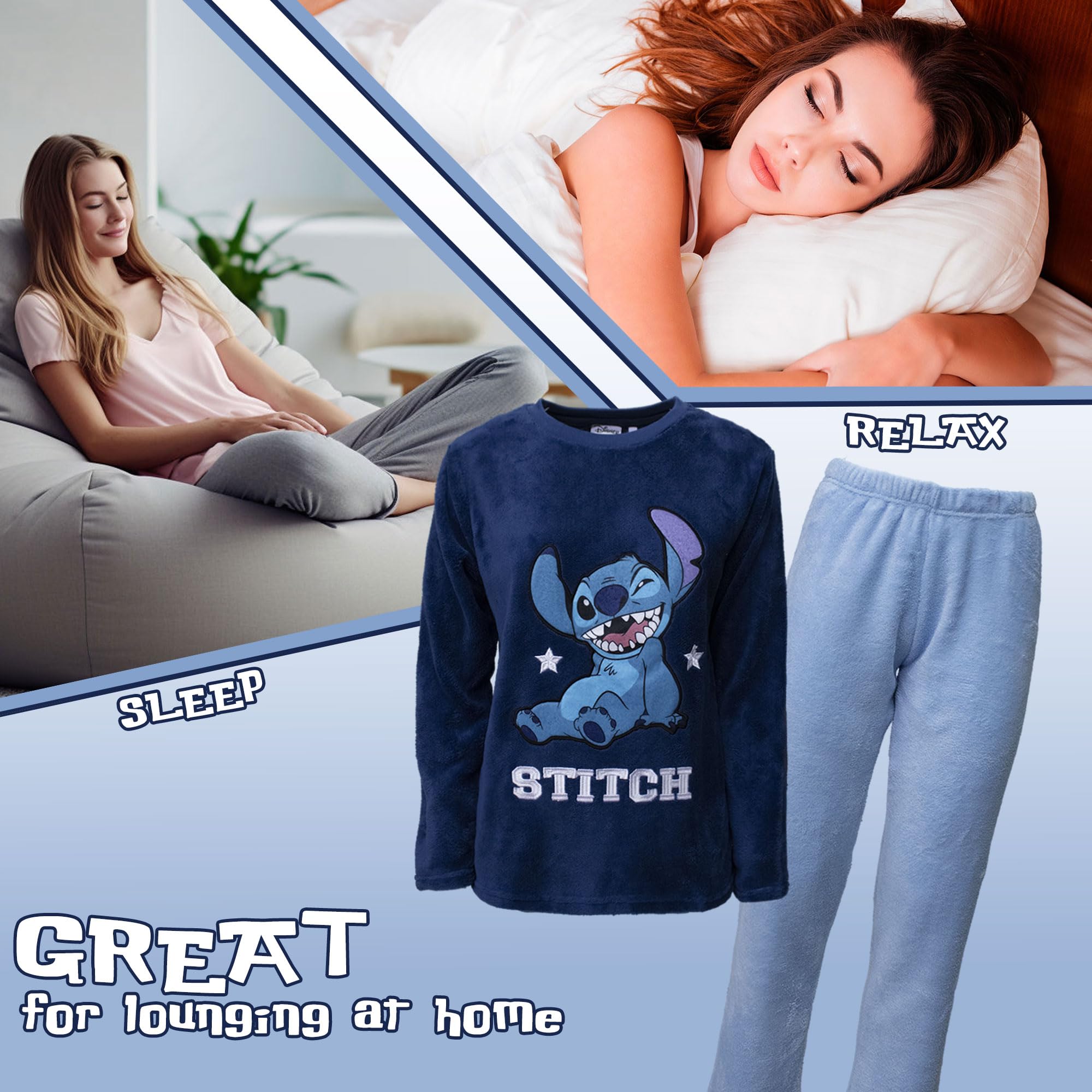 Disney Lilo und Stitch Schlafanzug für Damen und Mädchen, lang, Winter, aus Fleece 6953