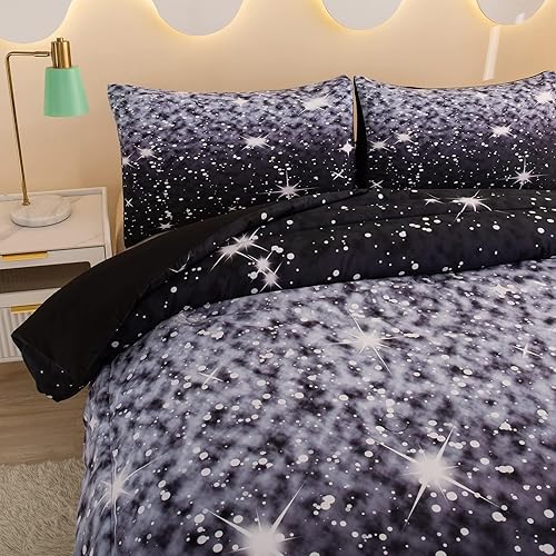 Miniatura 2 de Juego de edredón negro con purpurina tamaño individual para niños y adolescentes, edredón brillante de galaxia brillante para niños y adultos, juego