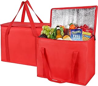 2-Pack XL-Large Insulated Grocery shopping bags, Red, Reusable, Heavy Duty, zipped zipper,Collapsible,tote,cooler,groceries,for instacart,for doordash,for car,Recycled Material Warm Foldable bag