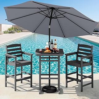 SERWALL 4 Pieces Outdoor Patio Bar Set with 9ft Umbrella, Outdoor HDPE B...