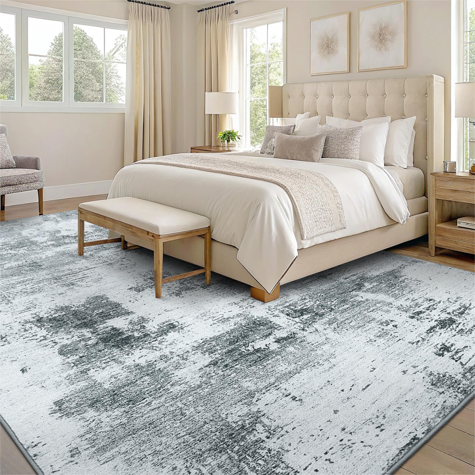 smiry Moderner Abstrakter Teppich Wohnzimmer 140x200cm, Waschbar Anti-Rutsch Kunstwolle Kurzflor Teppich für Schlafzimmer, Esszimmer, Büro, Grau
