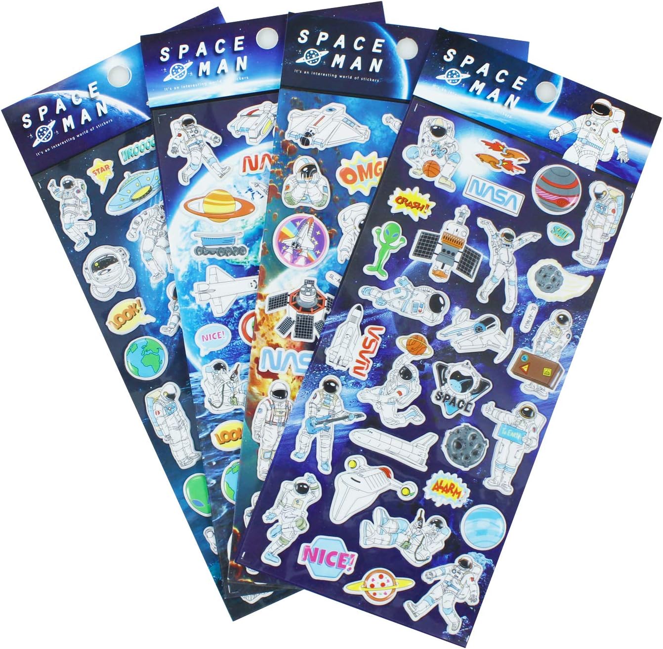 NASA Space Stickers 4 Sheets with Astronaut, Rocket, Satellite, Flying Saucer, Alien, Planet, Space Shuttle, Meteorites, Comets Stickers Deacals For Craft Scrapbooking Kids Party Favors - 120 Stickers