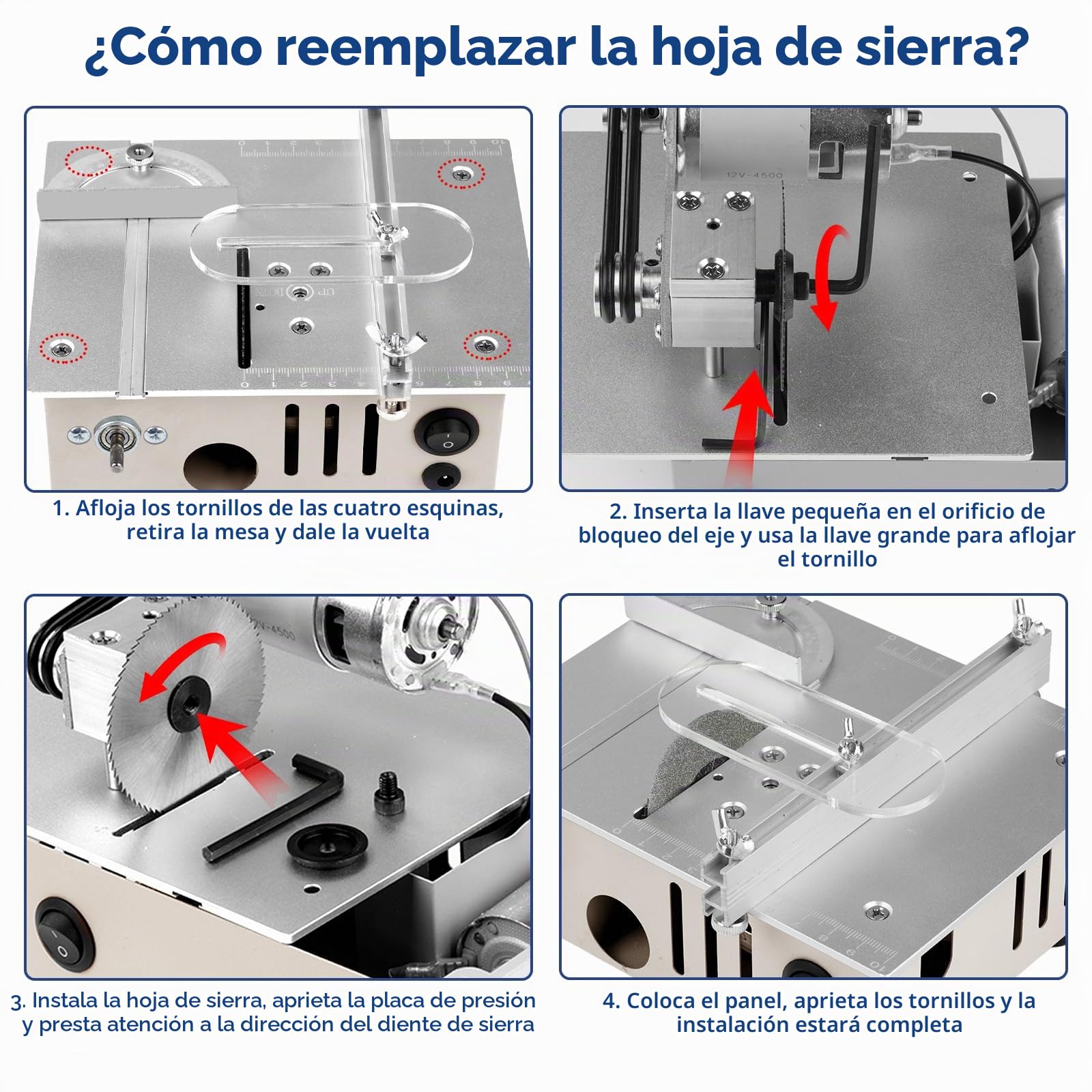 Mini Sierra Circular de Mesa, Sierra de Precisión Máquina Cortadora Pequeña, con 4 Hojas de Sierra, 7 Niveles de Velocidad, Mini Sierra de Mesa Multifuncional, para Bricolaje, Madera, Modelismo