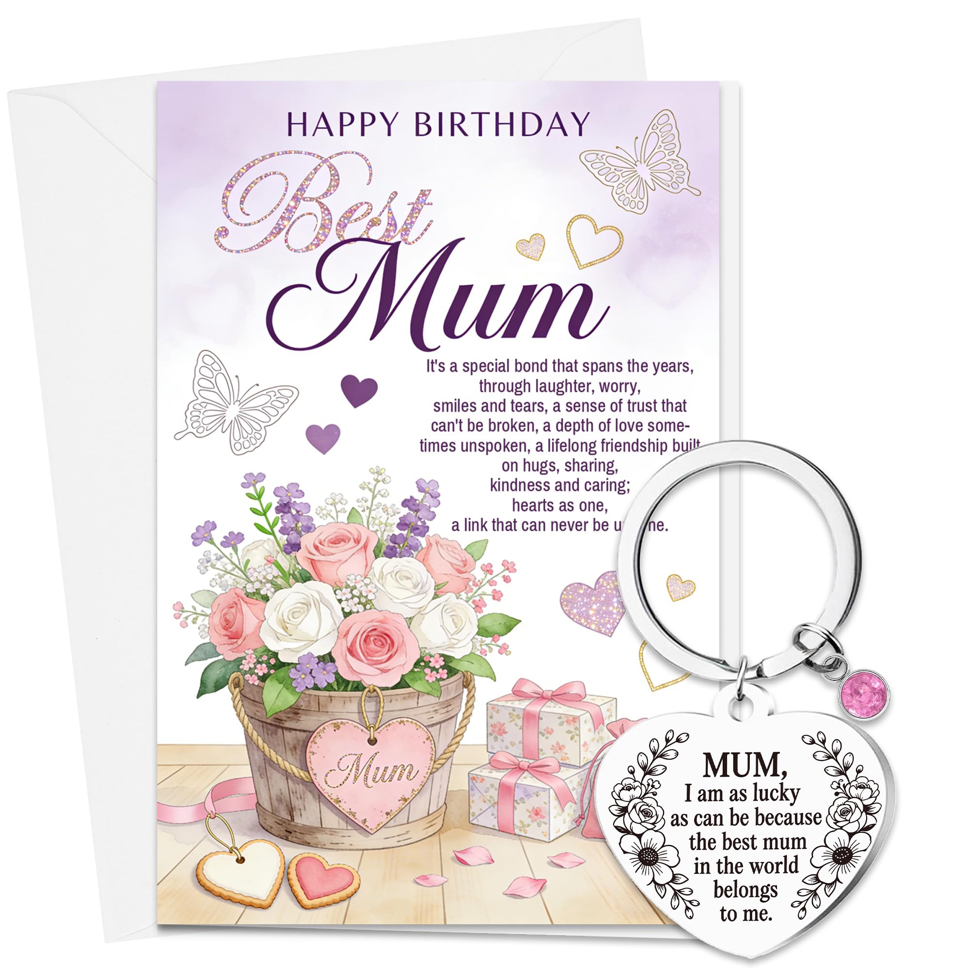 Mum Birthday Card Gifts with Heart Keyring and Envelope