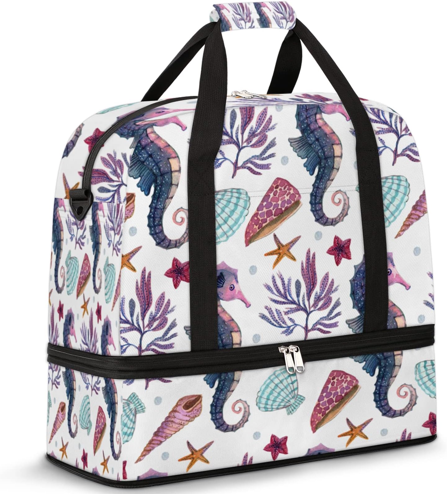 Watercolor Sea Horse Foldable Travel Duffel Bag Tote Carry on Luggage Sport Duffle for Women Men Gym Bag Overnight Weekender Bags with Shoe Compartments and Shoulder Strap