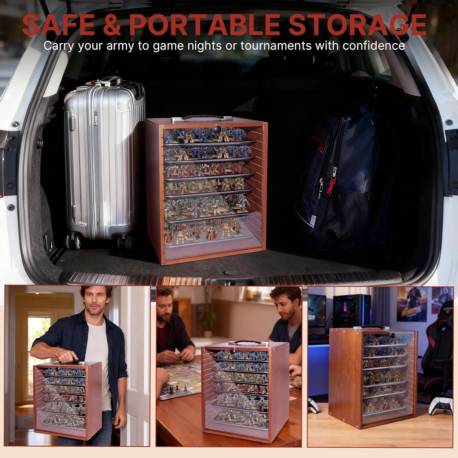 Miniature Display Case with 6 Removable Trays, Wooden Collectibles Storage Box with Clear Lid, Portable Miniatures Organizer for Tabletop Figurines & Models